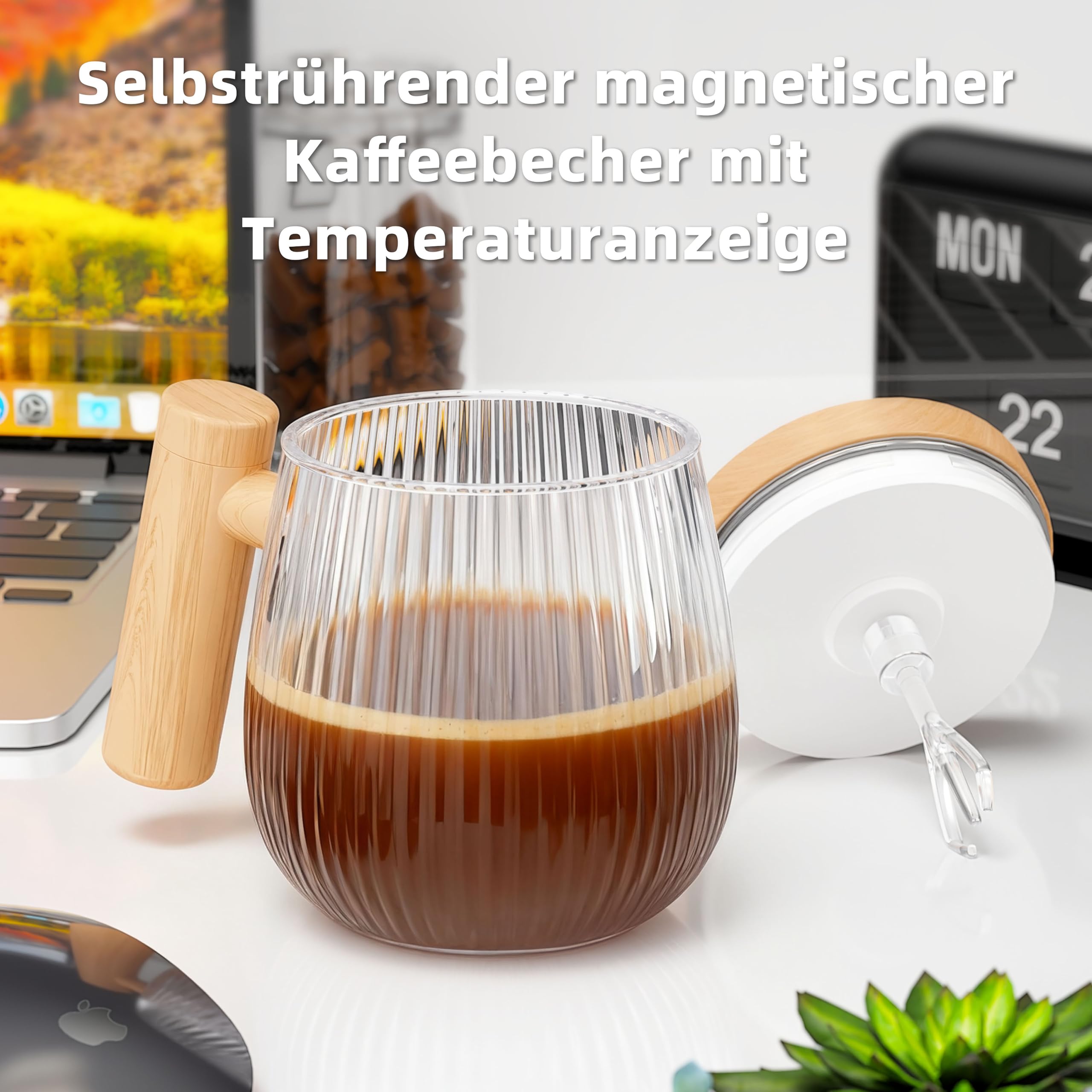 Set di 2 pezzi di Tazza auto-commovente, tazza da miscelare da 400 ml, ad alta velocità adatta per caffè / latte / polvere di proteine, di in vetro a protezione termica con coperchio (Trasparente S)
