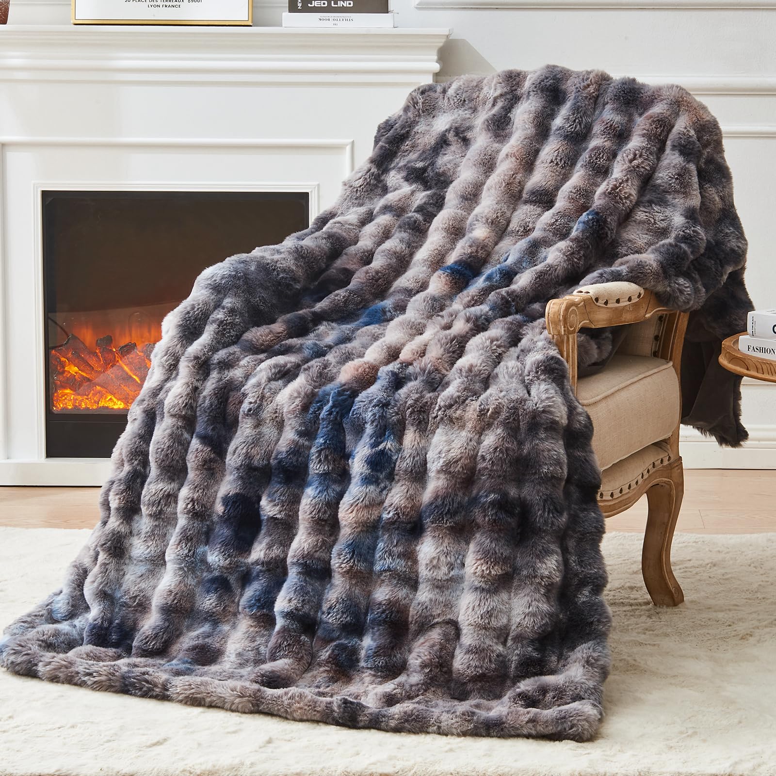 EMME Rabbit Plush Throw Blanket - 150 x 200cm Ultra Soft & Thick Couch Blanket for Sofa, Fleece-Like Cozy Living Room Blanket,Tie Dye Grey