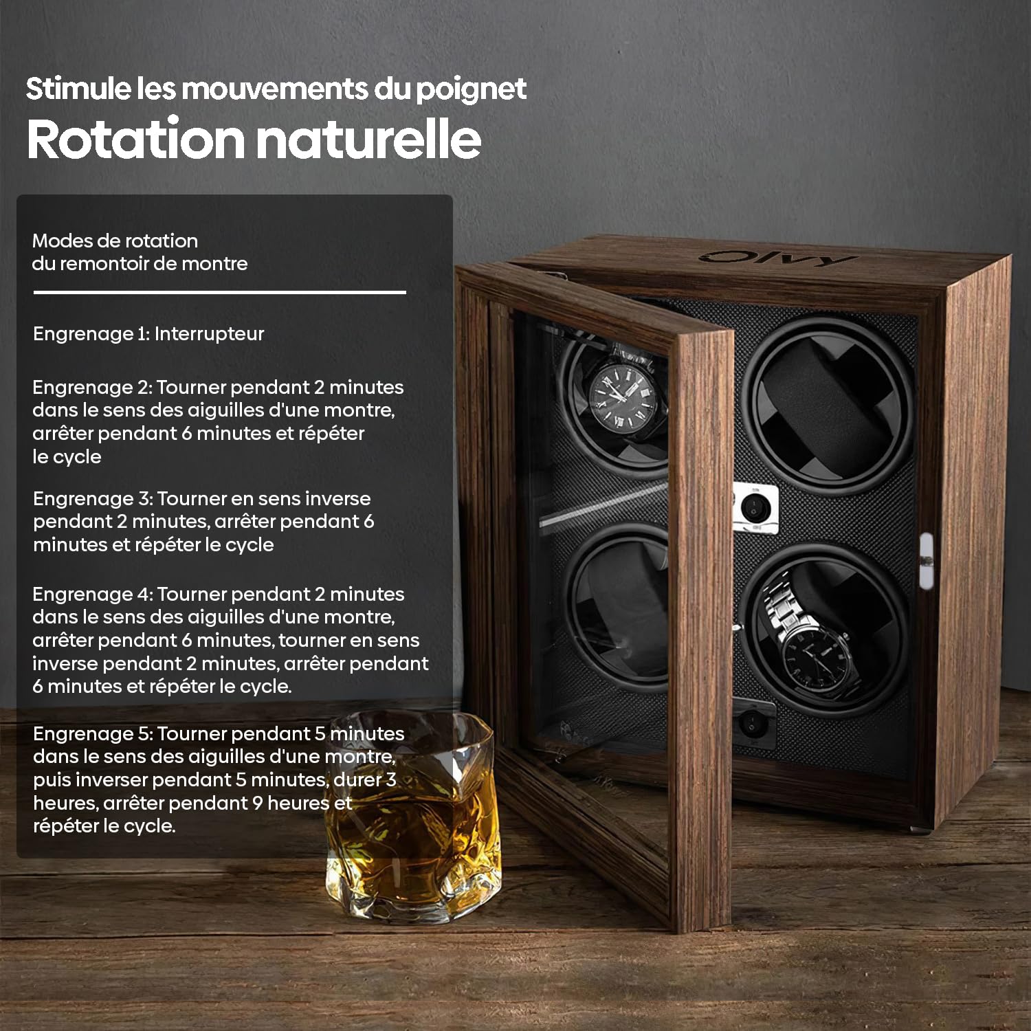 Olvy Remontoir pour 4 Montres Automatique, Boîte de Remontoir de Montre, Watch Winder, Moteur Extrêmement Silencieux, Coussin de Montre Flexible