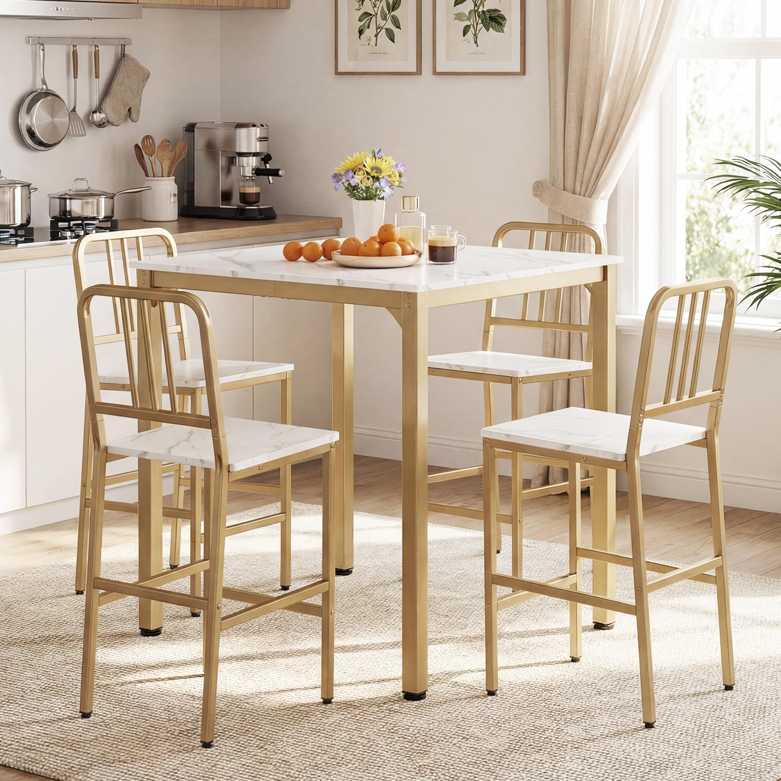 COSTWAY Set da Pranzo per 4 Persone, Set Cucina Bar 5 Pezzi con Superficie in Finto Marmo, Tavolo Quadrato in Legno e 4 Sgabelli Alti per Angolo Colazione e Sala da Pranzo (Bianco)