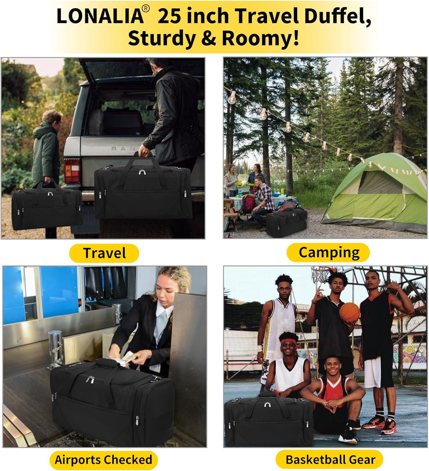 25 in Large Travel Duffel Bag for Men - 56L Roomy Weekender Bag with Trolley Sleeve (Black) - Image 5