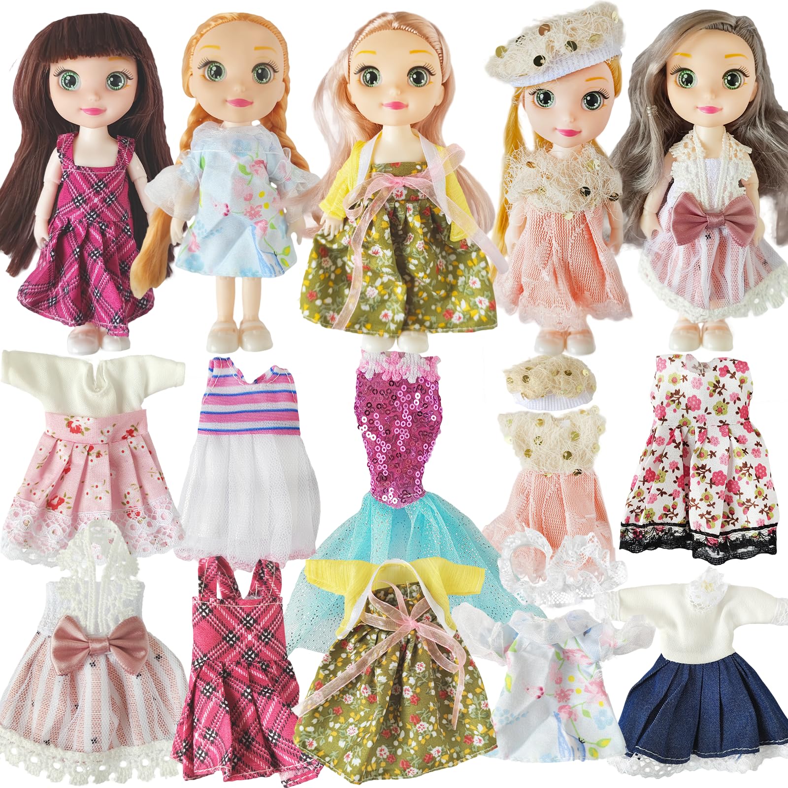 6.3" Mini Girl Dolls, Include 10 Sets Handmade Doll Clothes, 5 Sets 6.3" Small Girl Dolls, 5 Pairs of Shoes