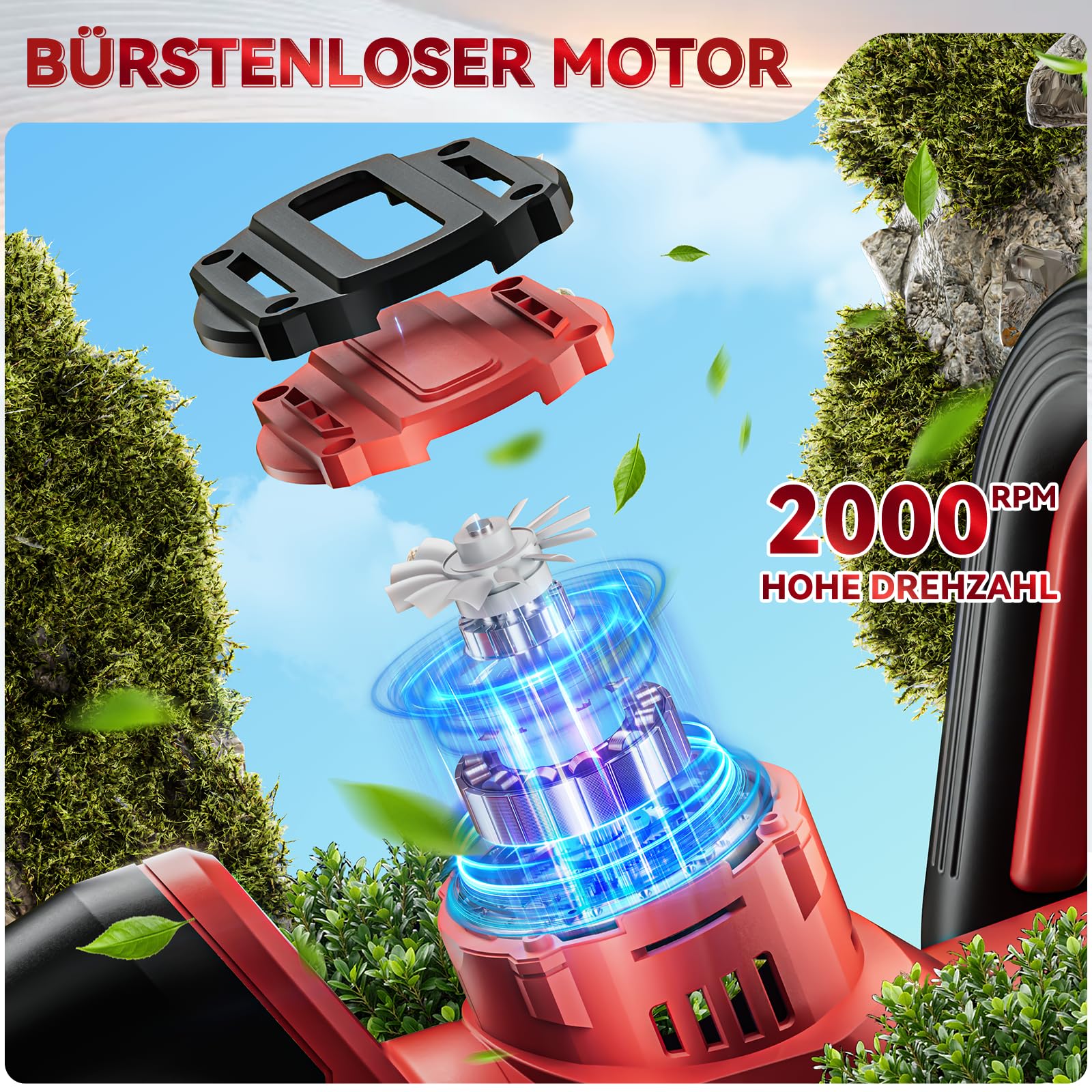 Akku-Heckenschere, für Makita 18V Akkus, Lange Heckenschere (ohne Akku) | Bürstenloser Motor, 52 cm Schnittlänge, 14 mm Zahnabstand, 270° drehbarer Kopf, Inklusive Reinigungspinsel