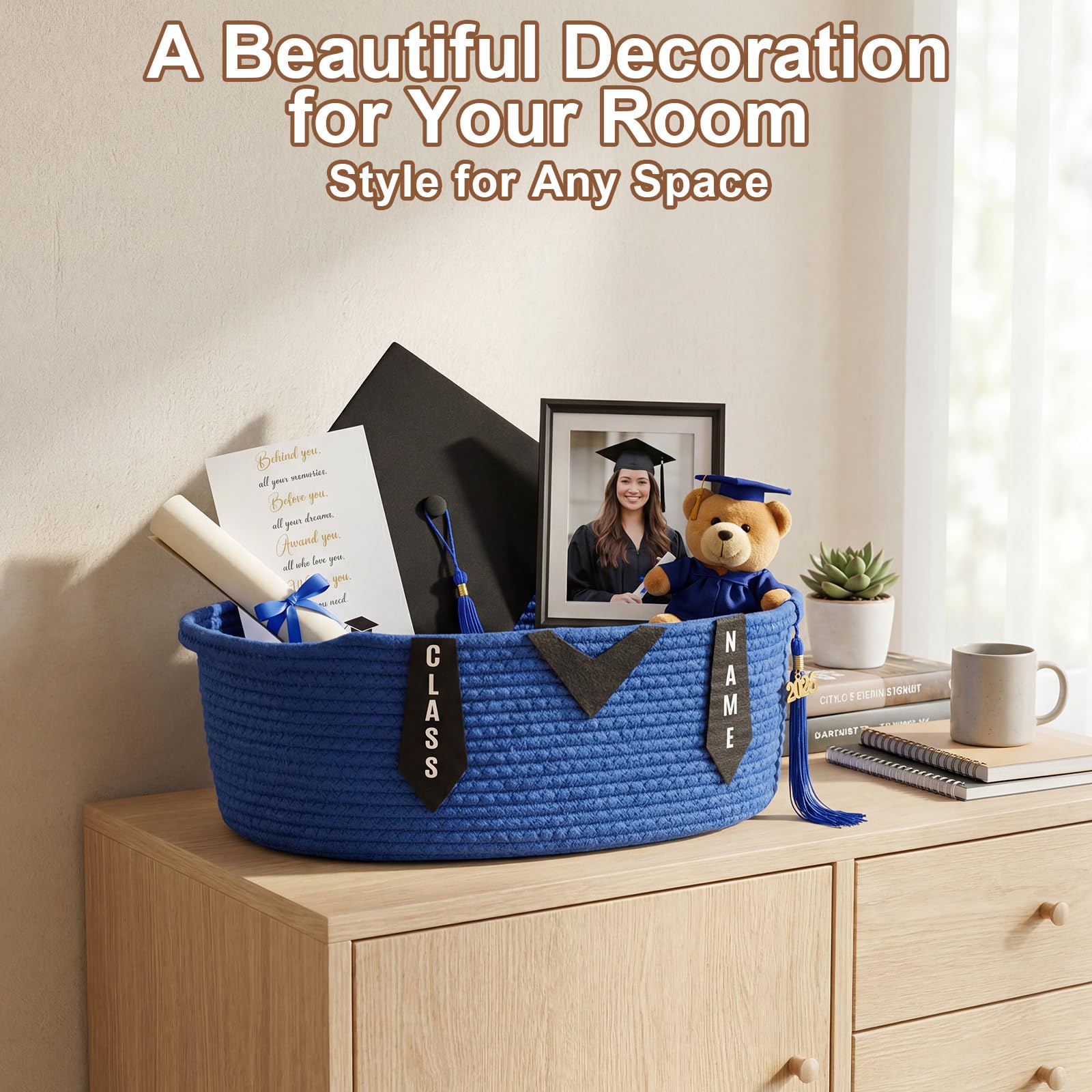 Colingmill Class of 2026 Senior Graduation Gift Basket Empty, 14x10x5.5 Inch Woven Rope Basket with Grad Design Bag & Ribbon Letter Stickers Tassel & Card Decorative DIY Congrats Gift(Black and Blue)