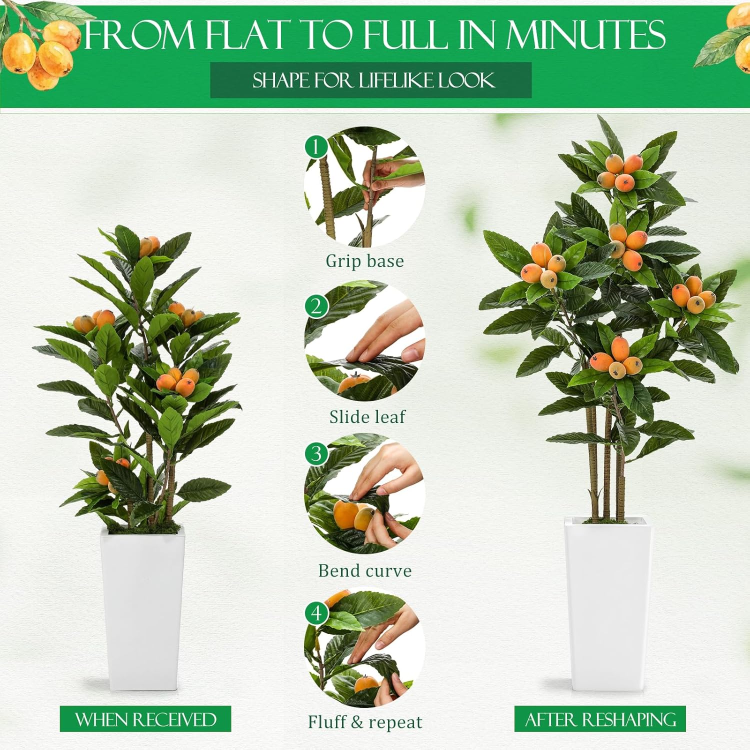 Jexine Artificial Loquat Tree 5FT Japanese Artificial Tree with Fruit Fake Tropical Tropical Fruit Plant Silk Green Floor Plants for Home Office Living Room Patio Balcony Outdoor Indoor Decor - Image 3