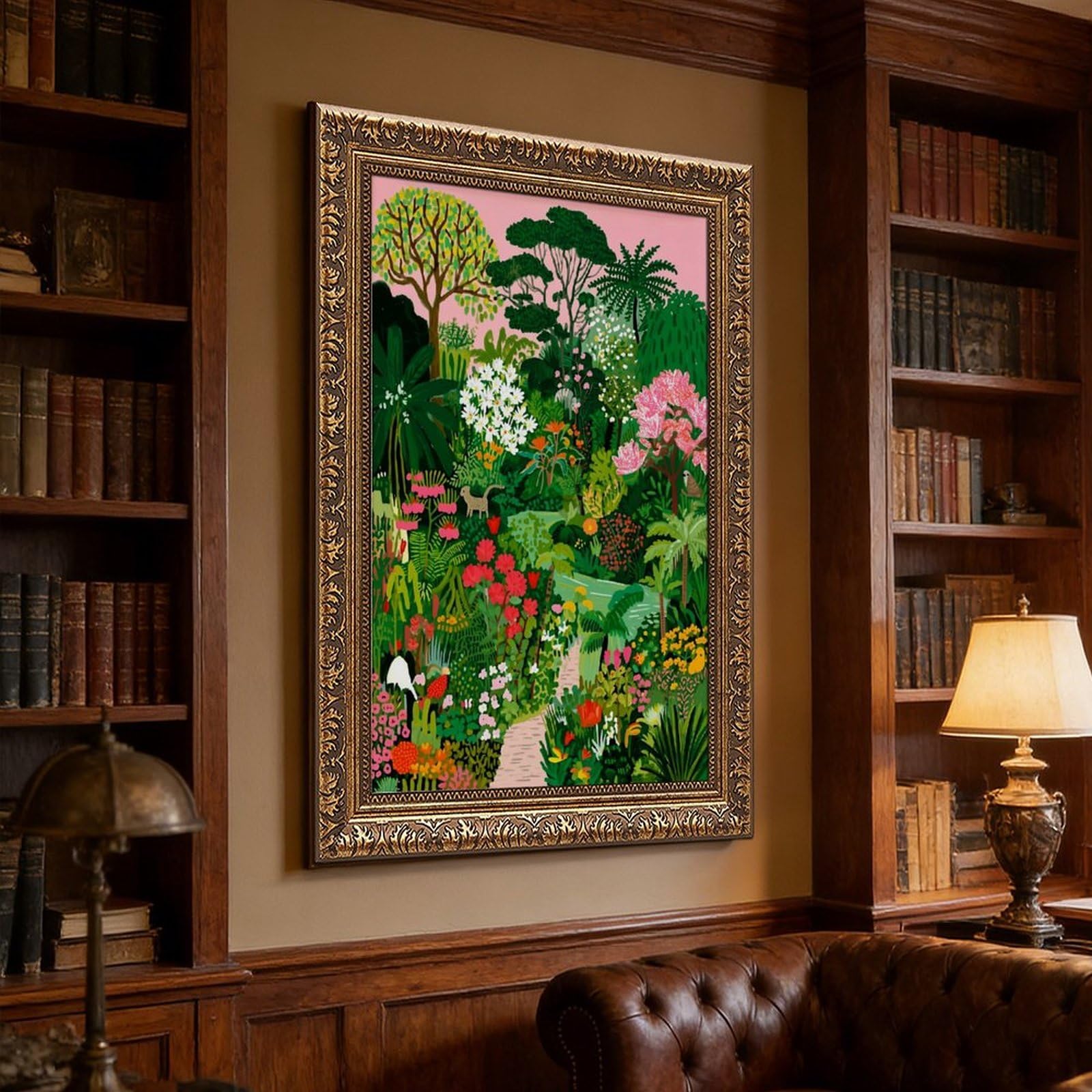 AYINUER Kunstdruck auf Leinwand, Motiv: tropischer Garten, für Schlafsaal, Dekoration, Geschenk | 50,8 cm L x 76,2 cm B, Retro-Goldrahmen, mehrere Größen, mehrere Rahmenstile, Wandkunst, Dekobild, Heimdekoration