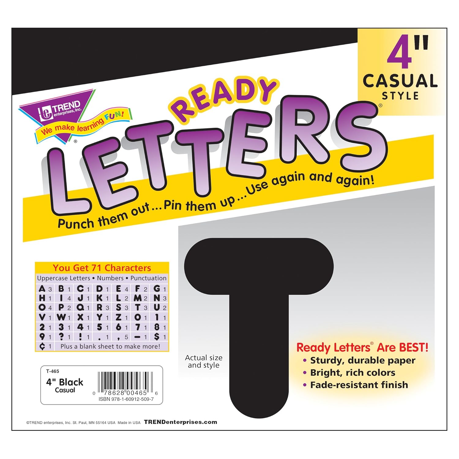 TREND enterprises, Inc. Black 4" Casual Uppercase Ready Letters (Pack of 2)