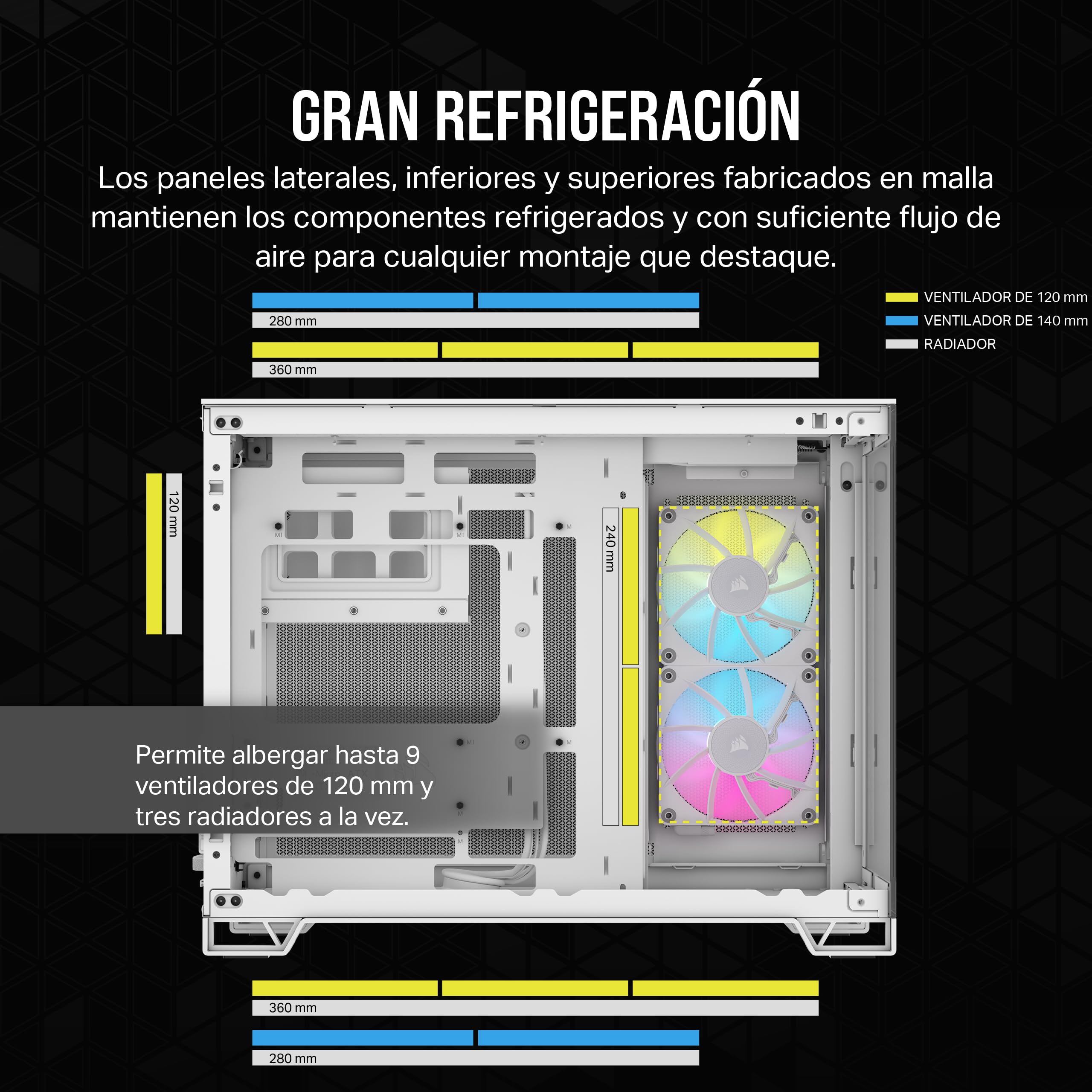 CORSAIR iCUE LINK 2500X RGB Pequeña-Torre mATX Caja de PC de Doble Cámara - Cristal Templado Panorámico - Compatible Placa Base Conexión Inversa - 2x Ventiladores CORSAIR RX120 RGB Incluidos - Blanco