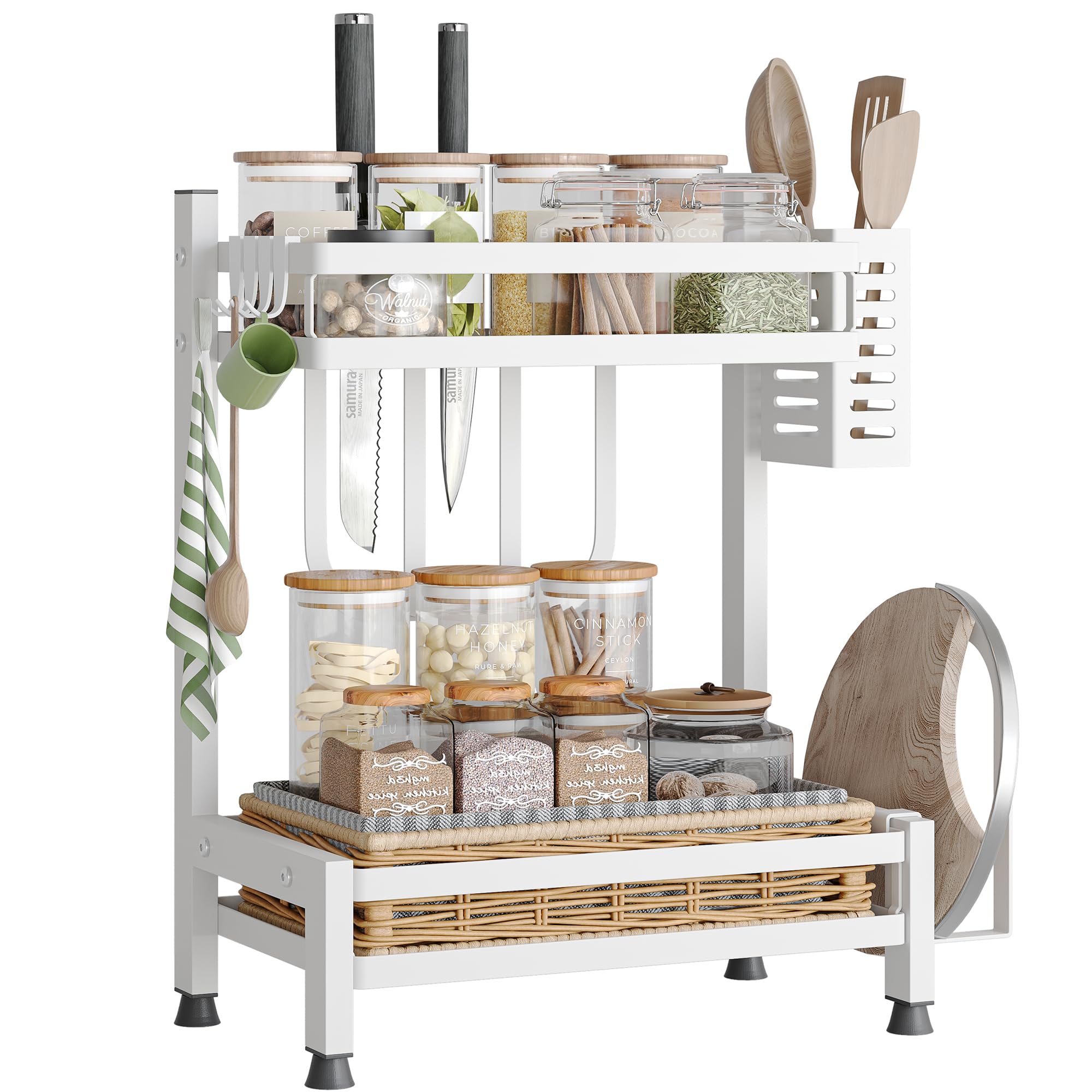 NETEL Supporto Porta Spezie da Appoggio a 2 Livelli, Antiruggine Mensola Portaspezie Ripiani Salvaspazio Organizer per Cucina con Ganci, 32.5 * 20 * 40cm, Bianco
