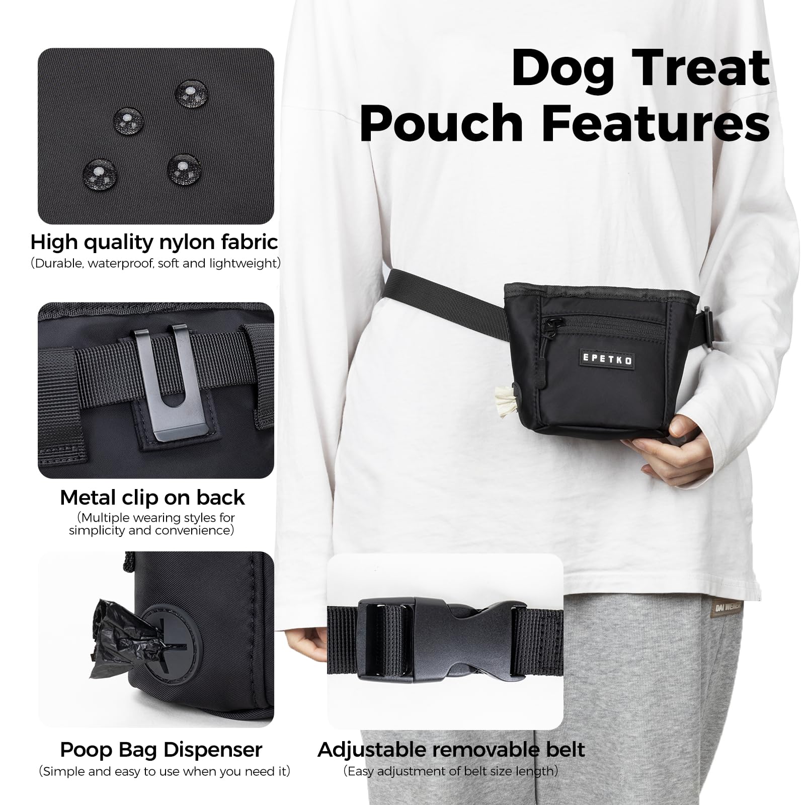 EPETKO Dog Treat Pouch, Powerful Magnet Closure Device Dog Training Treat Bag Large Capacity Pet Treat Pouch with Poop Bag Dispenser Treat Bag for Dog Training with Metal Waistband Clip (Black) - image 6