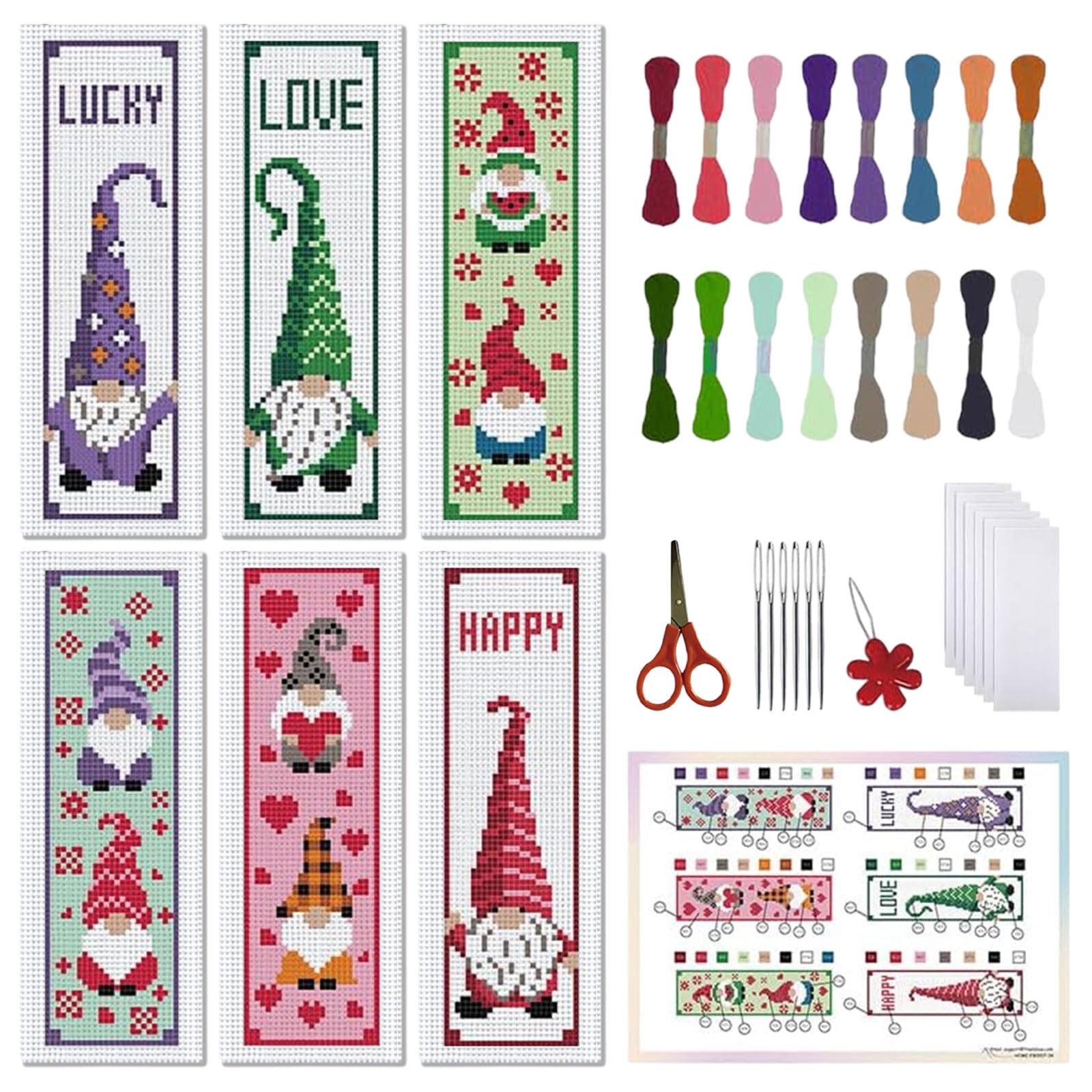 FREEBLOSS 6Pcs Cross Stitch Bookmark Kits Gnome Elf Pattern Stamped Embroidery Bookmarks Beginner Embroidery Kit with Instructions Counted Cross Stitch Kit for Hand Embroidery Gift