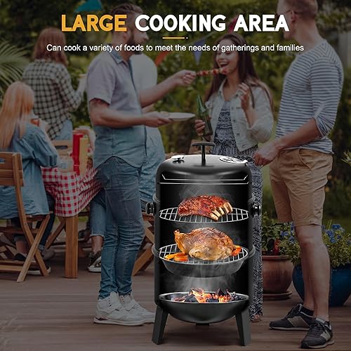 Miniatura 3 de MASTER COOK Ahumador de carbón de 16 pulgadas, parrilla vertical para barbacoa, hoguera 4 en 1 resistente con termómetro integrado y sistema de