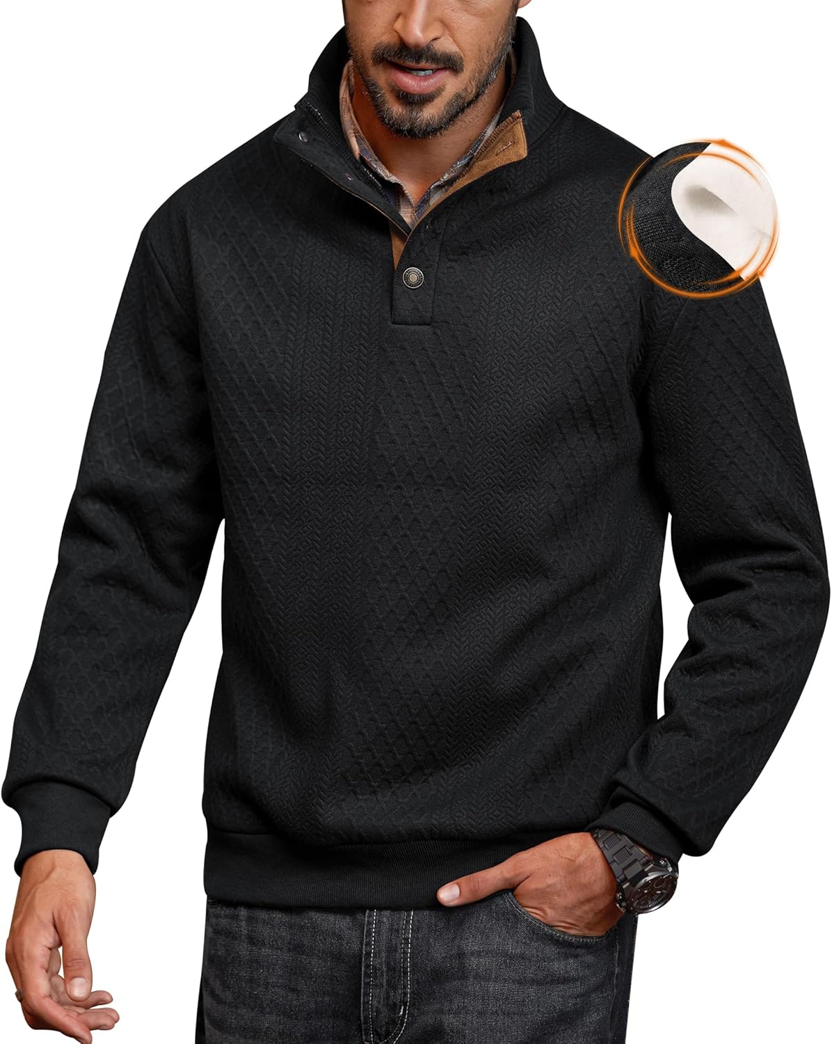 Men's Textured Thermal Sweatshirt Heavyweight Fleece Lined Pullover with Elbow Patches (S-XXL)
