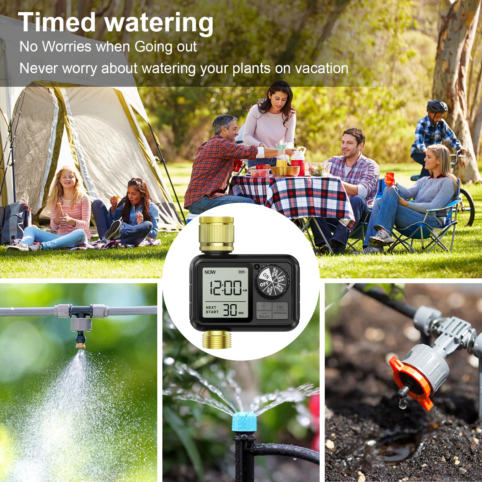 Bewässerungscomputer, Bewässerungsuhr mit Regenverzögerung/Automatischem & Manueller Modus, IPX5 Wasserdicht/Großbild LCD-Display Wasser Zeitschaltuhr für Garten Rasen 2T
