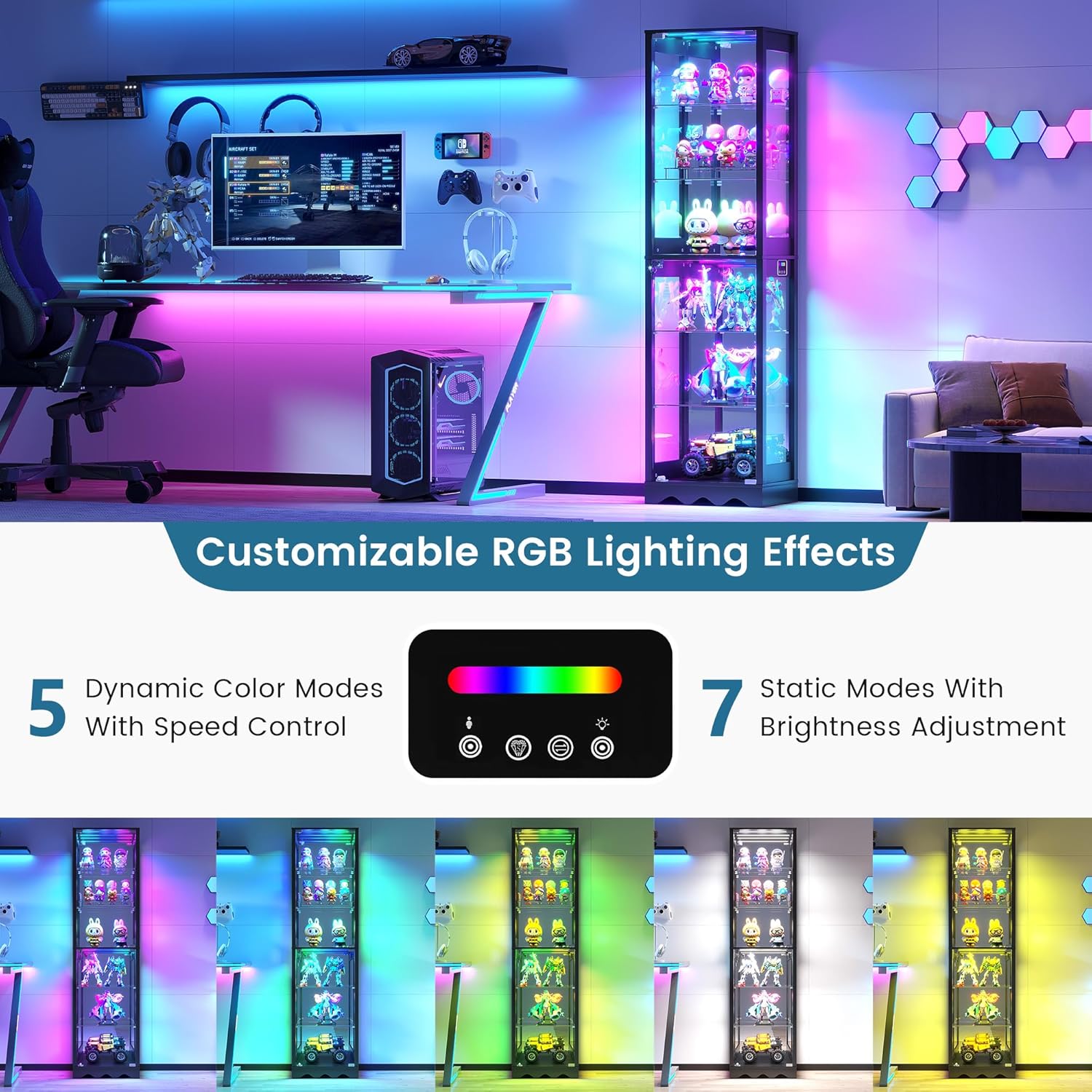 Display Cabinet with Glass Doors - 6 Tier Curio Cabinet with RGB Lights for Collectibles, LED Glass Display Case for Lego with Adjustable Shelves, Black