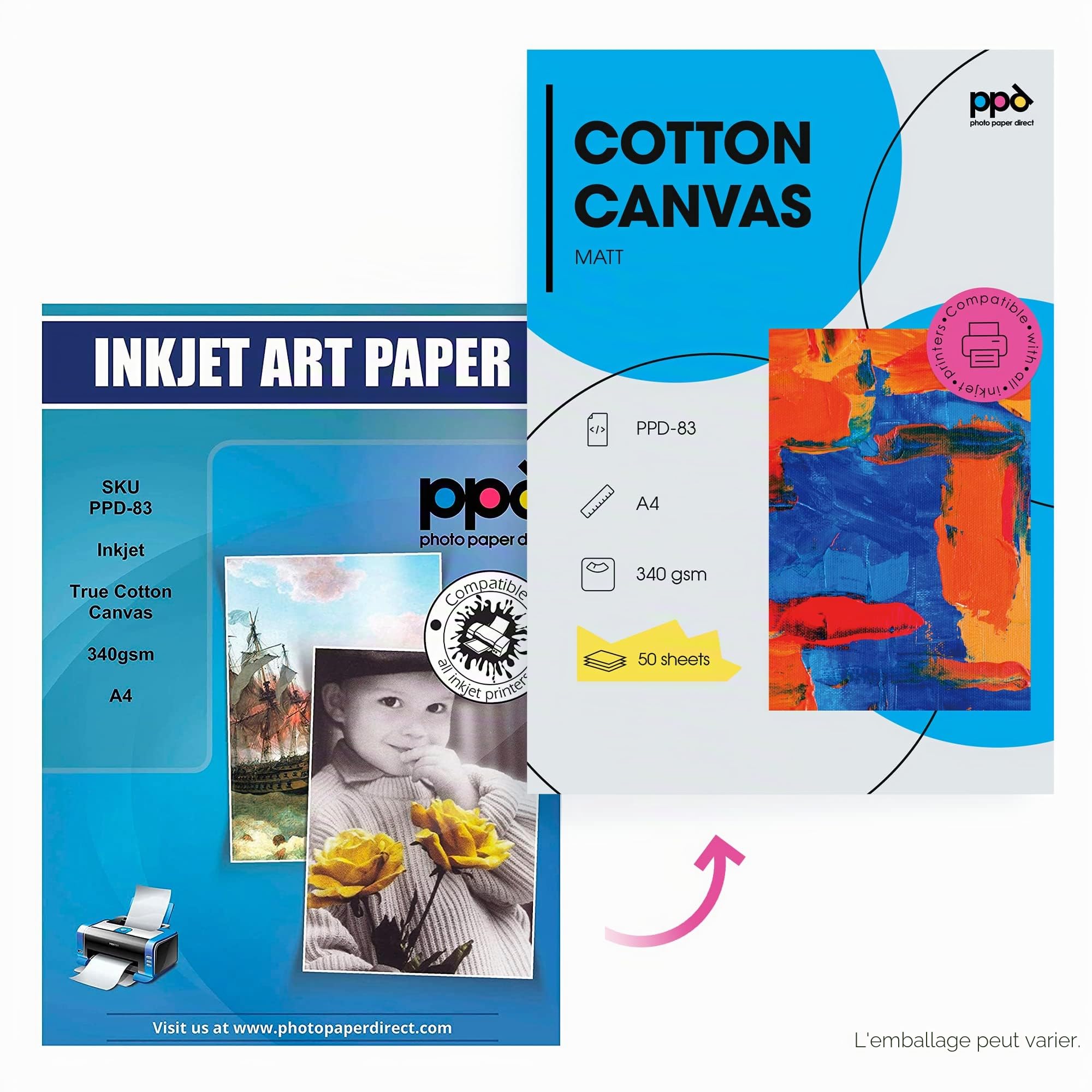 PPD 50 Feuilles A4 Toile Canevas Beaux-Arts Imprimable Jet d'Encre 100% Coton 340g Papier Photo Texturé