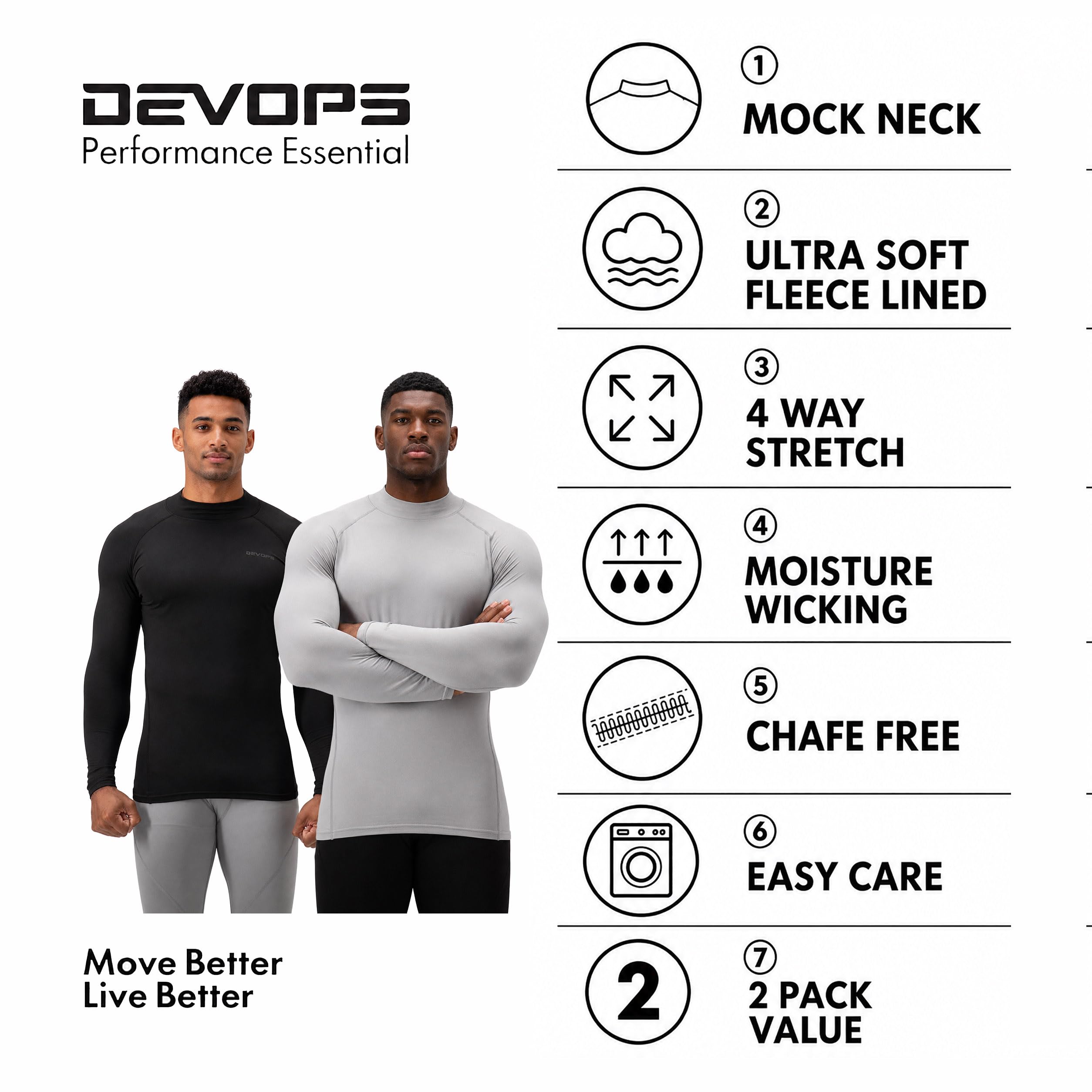 Devops Herren Devops 2 Pack Men's Thermal Mock Neck Long Sleeve Compression Shirts Fleece Lined Base Layer Tops Eng anliegend (2er Pack)