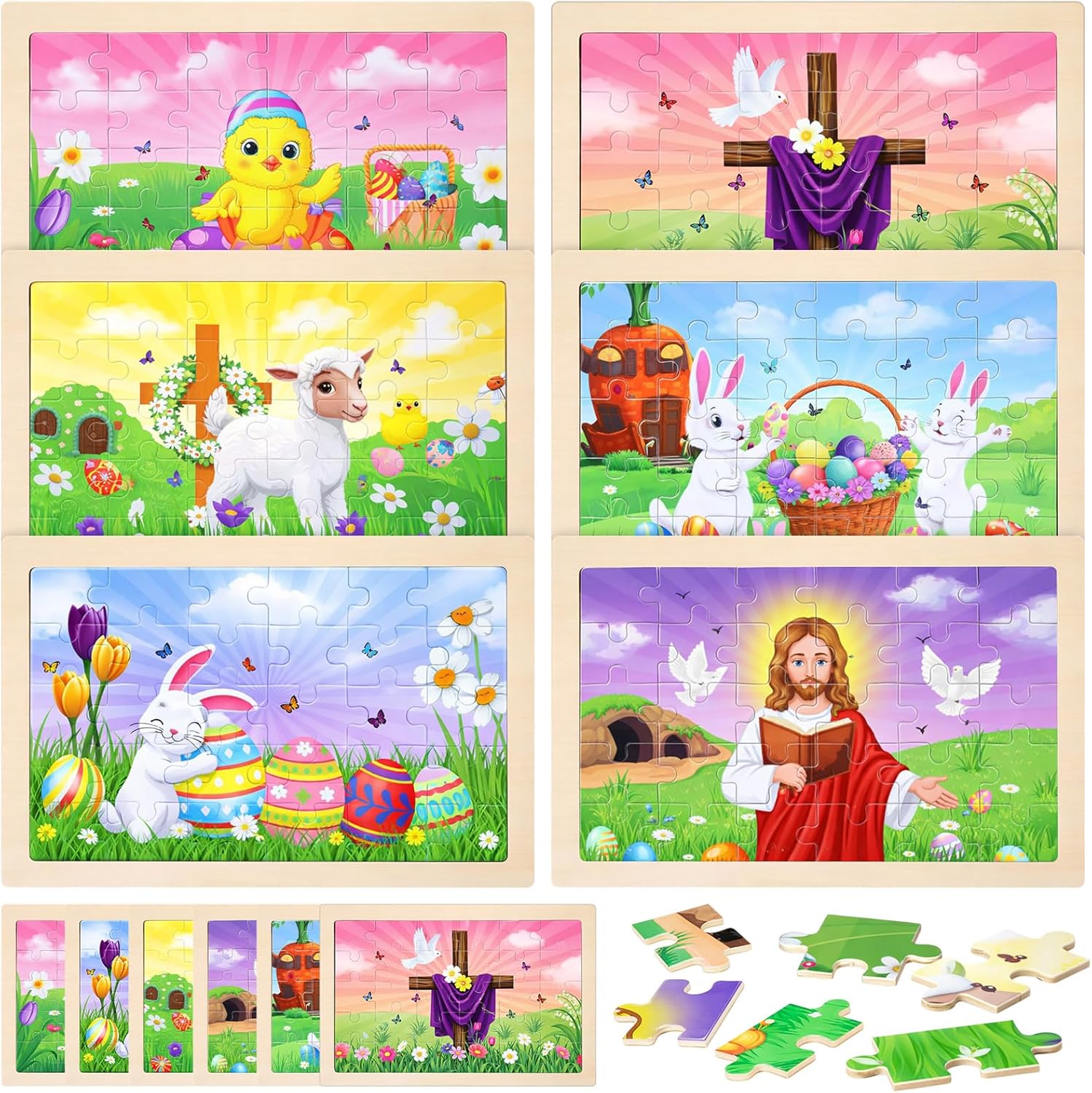 Leitee 18 Pcs Easter Wooden Puzzles Toys 30 Piece Kids Colorful Egg Rabbit Christian Jesus Jigsaw Puzzles for Toddler Children Toys Boys Girls 3–8 Years Old Preschool Learning Educational Easter Gift