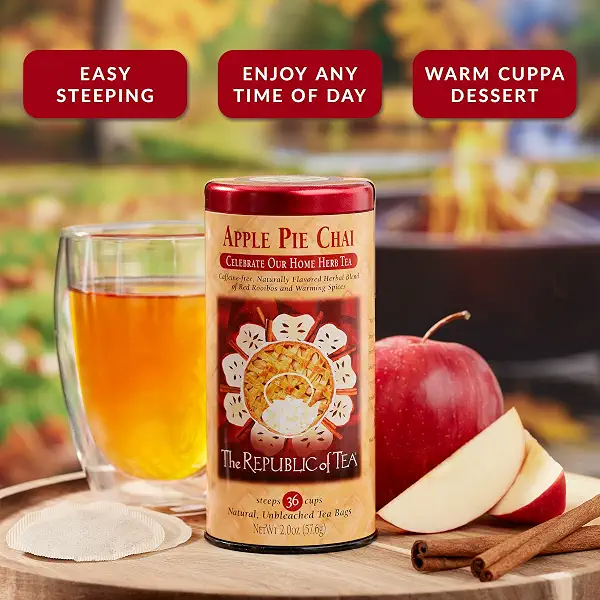 The Republic of Tea Apple Pie Chai Herbal Tea, Caffeine-Free, 36 Count | Caffeine free. Rooibos chai with notes of baked apple, cinnamon, ginger, cardamom, nutmeg and clove. 5