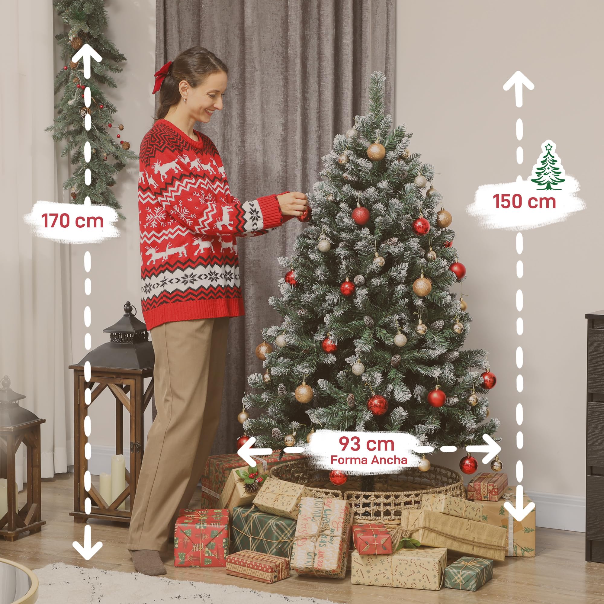 HOMCOM Árbol de Navidad Artificial 150 cm con 581 Ramas con Nieve Verde | Árbol de Navidad, 44 Piñas, Soporte Metálico Plegable, Fácil Montaje, Salón, Interior