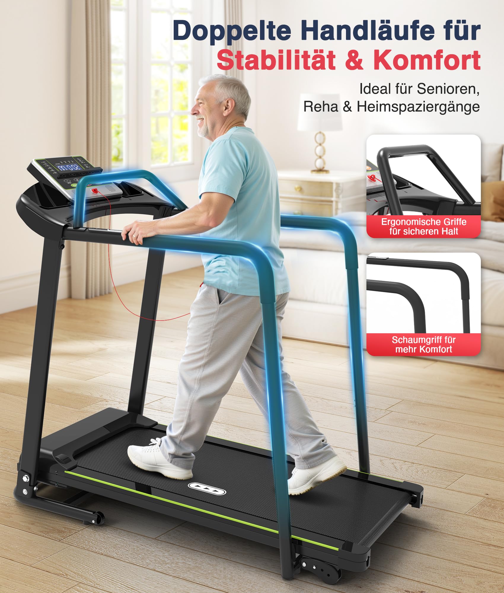 Redliro Laufband für Senioren mit Handläufen, sanfter Start ab 0,5 km/h | 300 lb Tragkraft,0–2 % Neigung,Transporträder,Auto-Schmierung, Bildschirm-Aus-Taste,Rehabilitations-Laufband für Zuhause