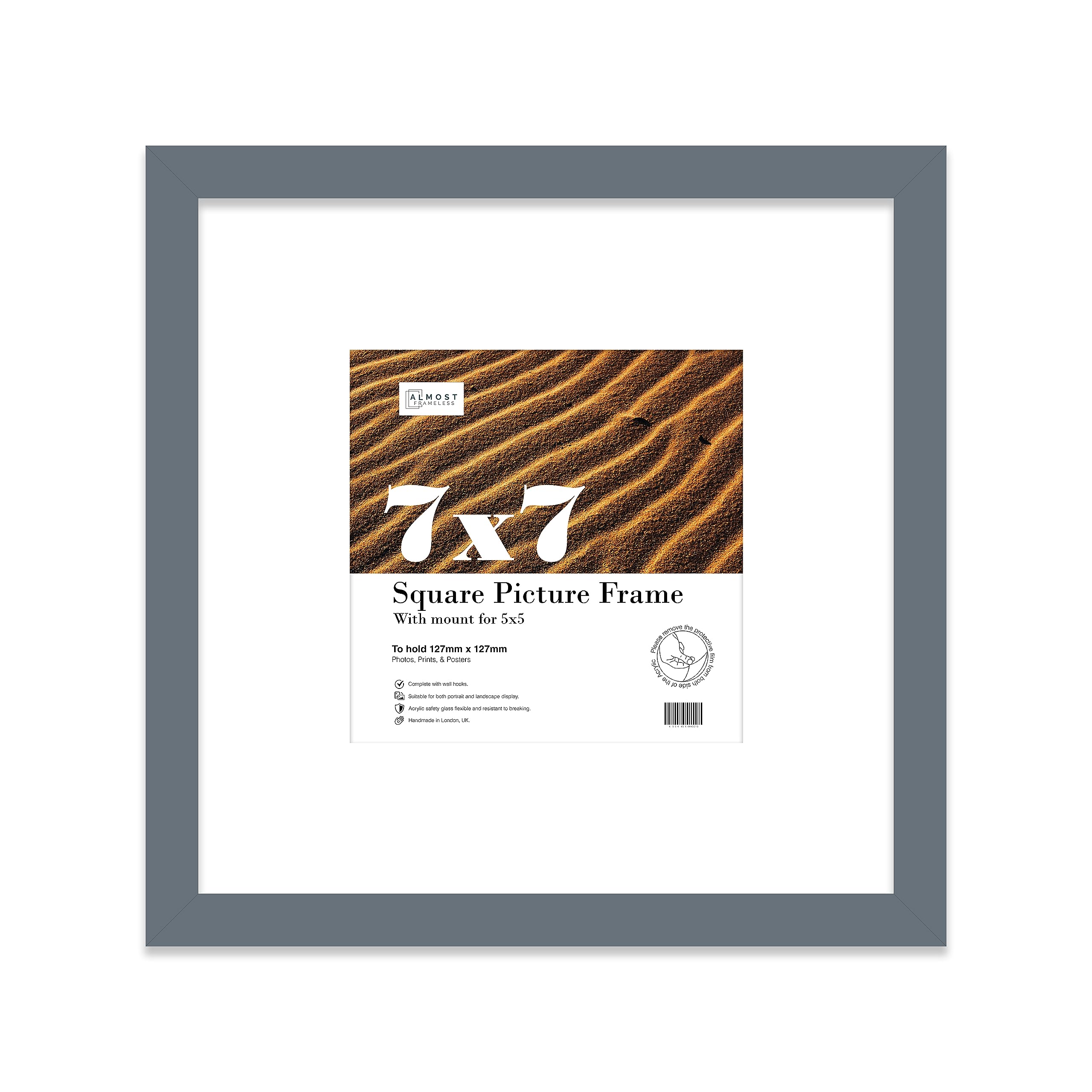 7x7 Grey Picture Frame with Mount for 5x5 Photos, Prints - Modern Square Wall Frame, 1 Pack