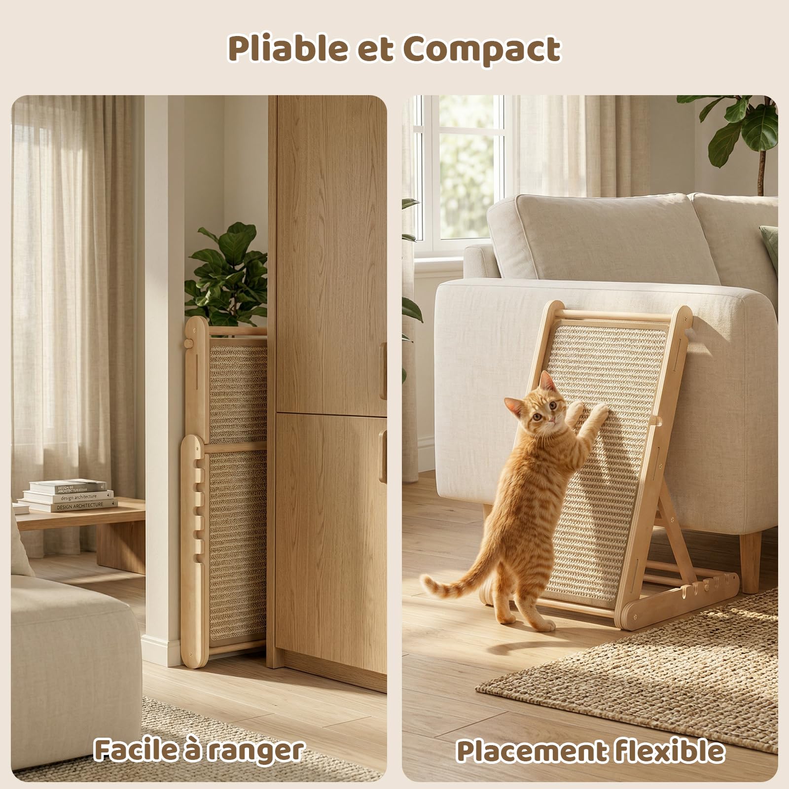 X XBEN Grattoir en Bois pour Chat, 60cm de Haut Griffoir Chat Pliable avec 5 Hauteurs Réglables, sans Montage, Forme de L Planche à Gratter en Sisal Naturel pour Préserve Canapé et Mur
