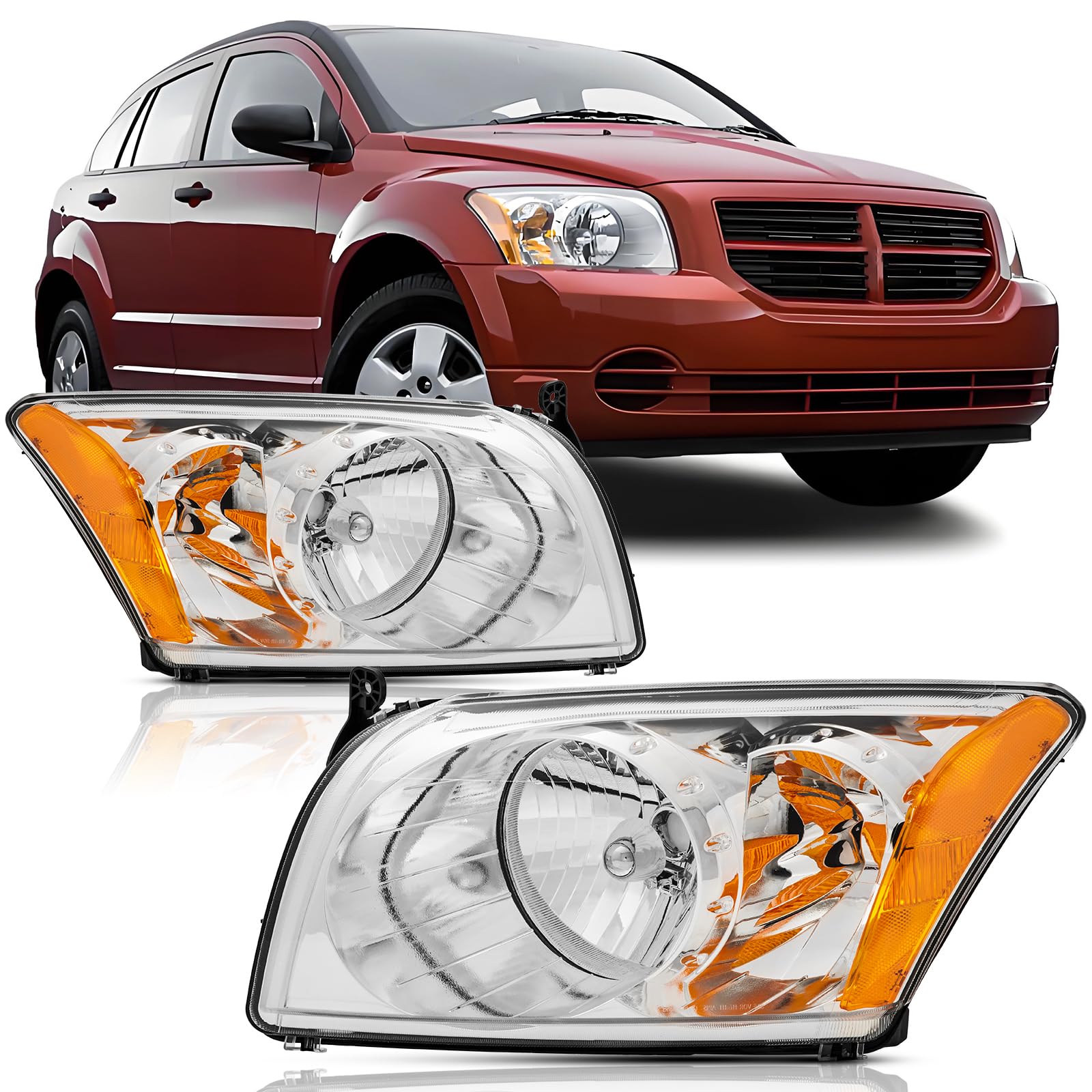 Headlights Assembly Compatible with 2007-2012 Dodge Caliber R/T SXT SE Driver & Passenger Side, Chrome Housing Amber Side