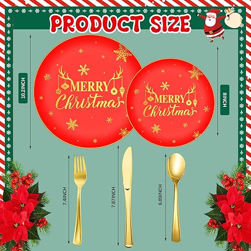 Miniatura 2 de 150 piezas de suministros para fiestas de Navidad, 30 platos de Navidad de plástico, 30 platos de postre desechables, 30 cuchillos, 30 tenedores, 30