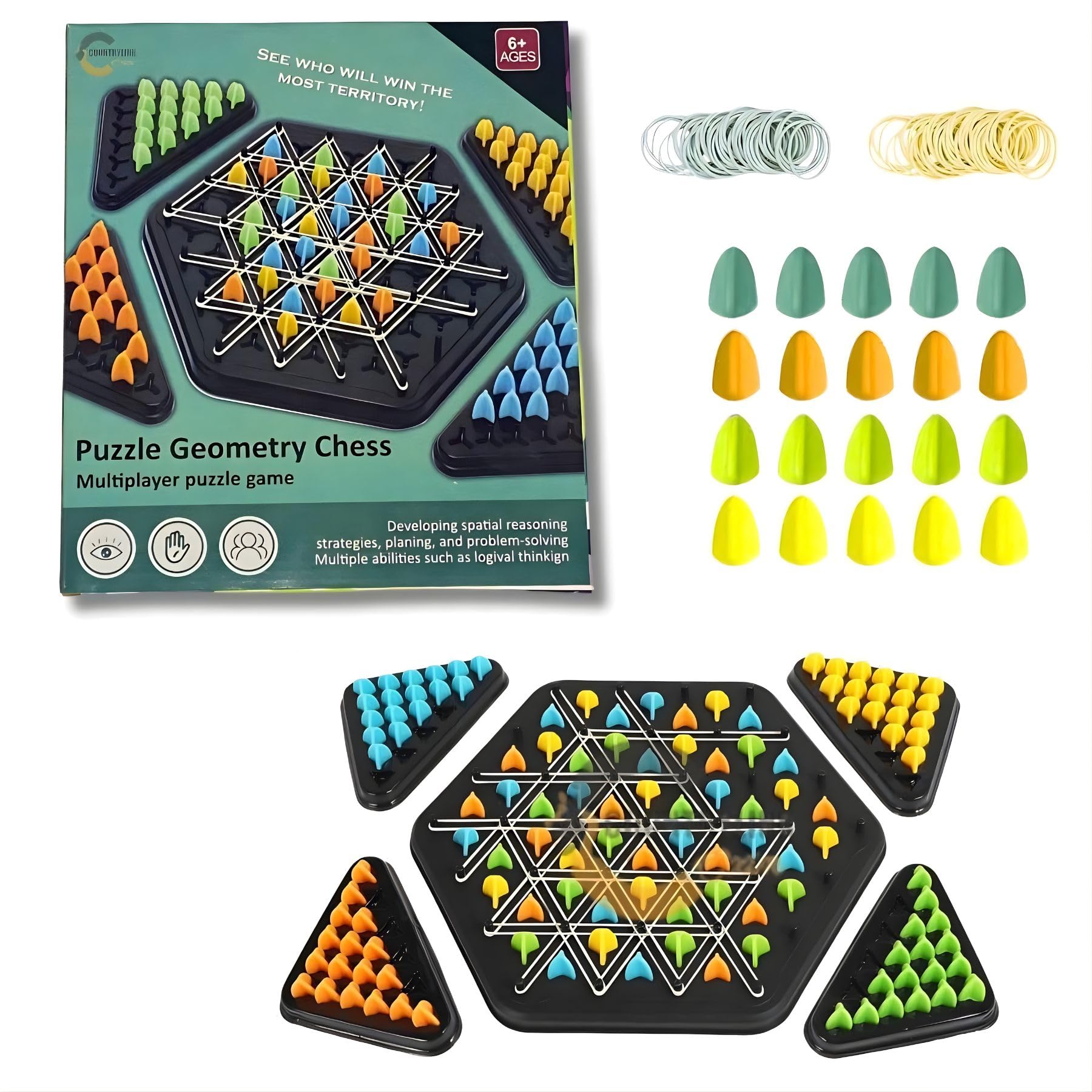 CountryLink Triggle Chain - Elastic Band Triangle Chess Game | Brain Teaser Puzzle for Kids & Adults | Montessori 3D Logical Thinking & Strategy Board Game | Family Fun Desktop Activity-image-5