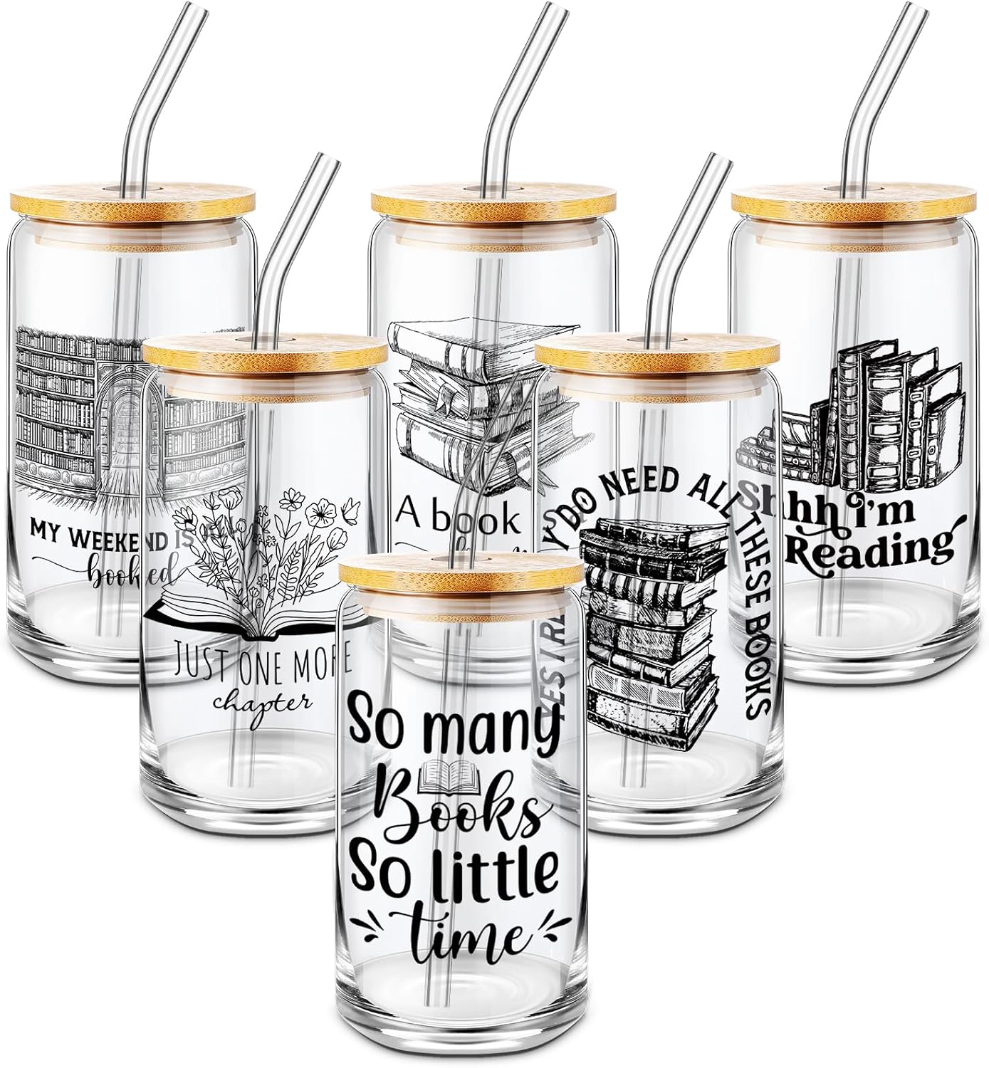 6 Pack Book Lover Gifts Book Club Gift 16 oz Reading Glass Drinking Tumblers Cups with Lids Straws Employee Appreciation Gifts for Librarian Bookworm Bookish Reader Teacher Team Coworker Staff