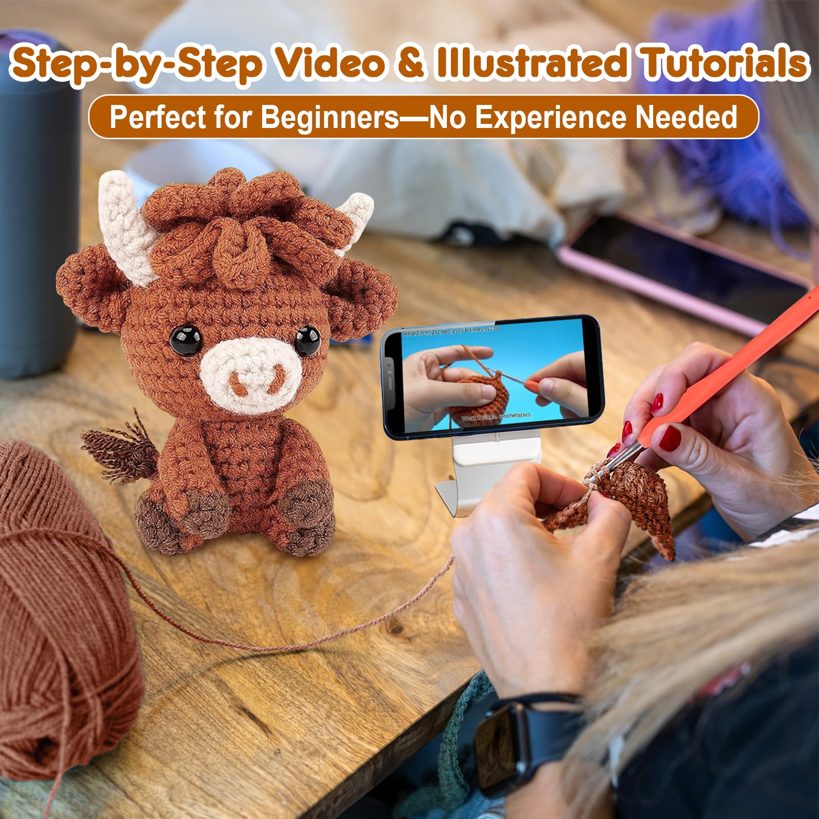 Cudroza Crochet Kit for Beginners - Brown Highland Cow Starter Crochet Kits with Step-by-Step Video Tutorials and Yarns, Hook, Accessories, Birthday DIY Handmade Craft Gift for Adults and Kids