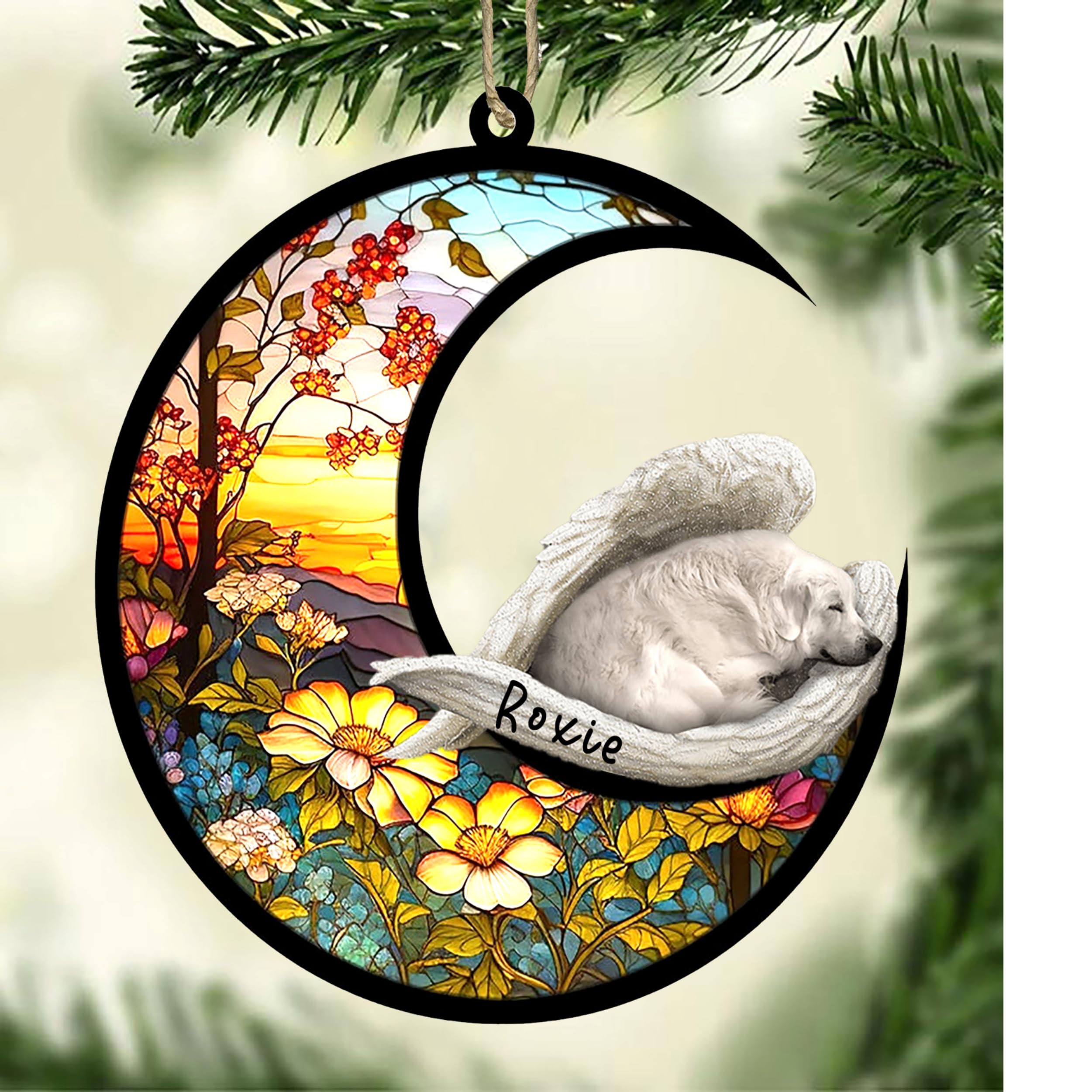 Personalized Great Pyrenees Dog Memorial Suncatcher, Great Pyrenees Christmas Ornament with Name, Pet Loss Catcher, Gifts for Dog Lovers Loss of Dog, Great Pyrenees Sleep on Haven