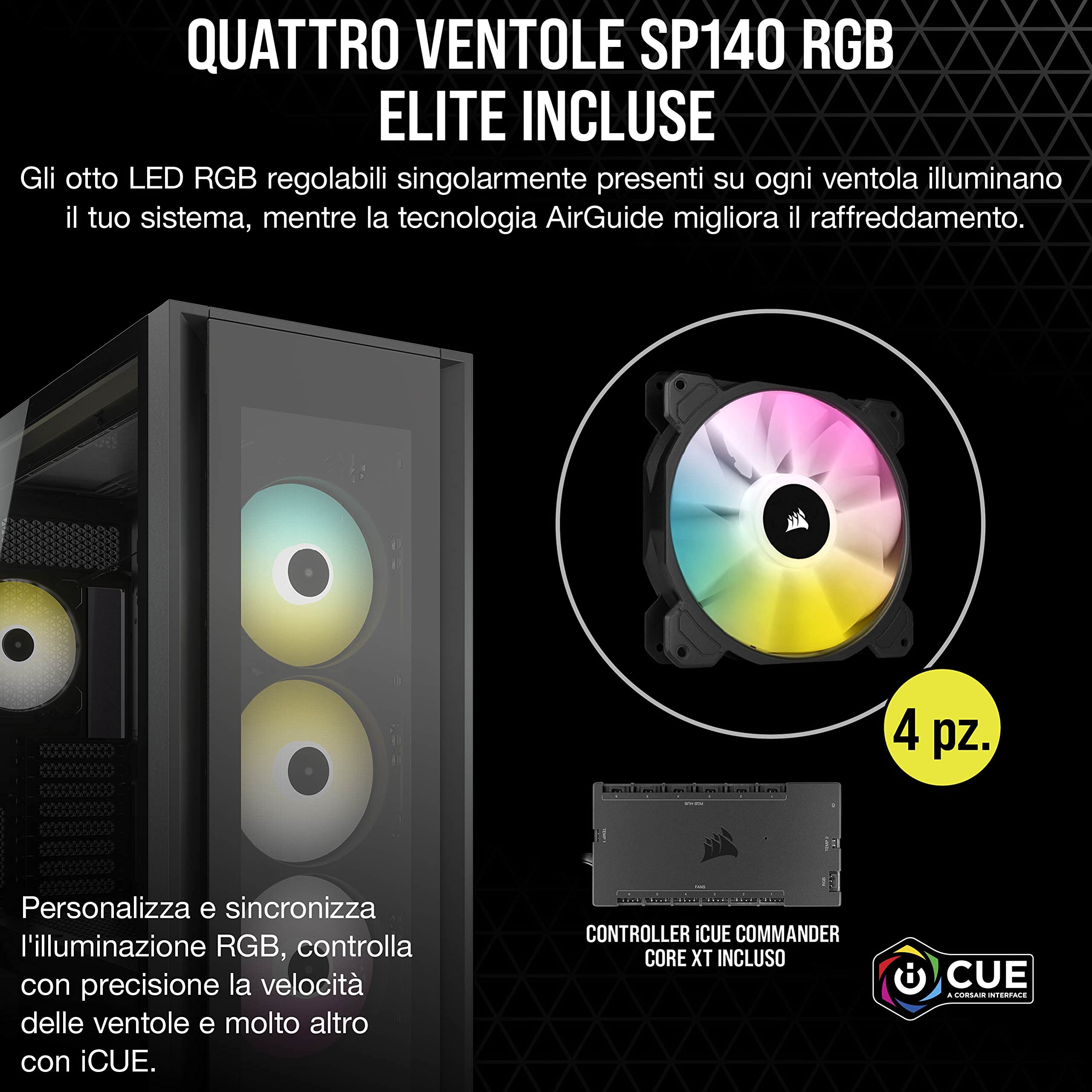 Corsair iCUE 7000X RGB Case per PC Intelligente ATX Full-Tower, Tre Pannelli in Vetro Temperato, Quattro Ventole RGB da 140 mm Incluse, Generoso Spazio Interno, Nero