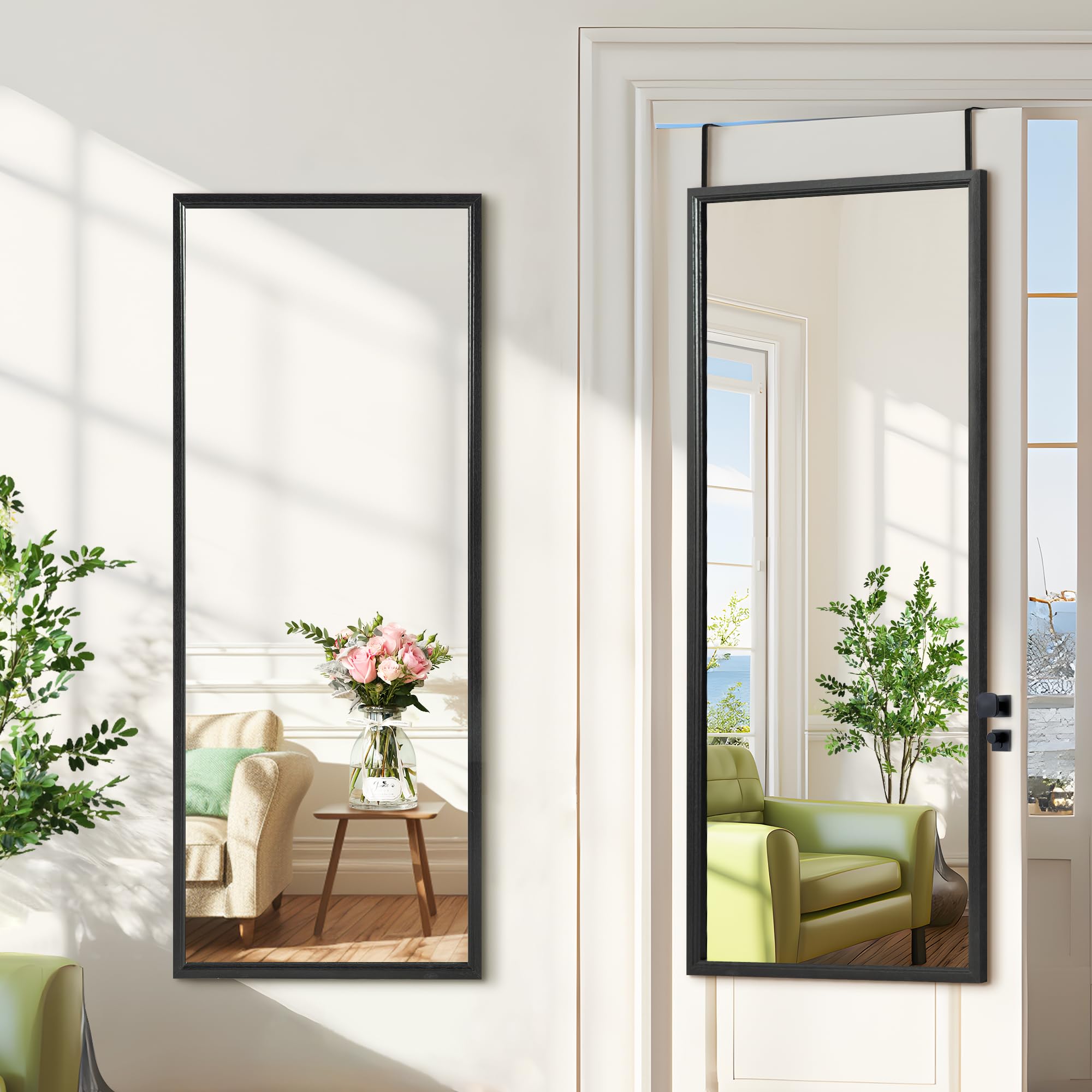 GlasFlength Over The Door Mirror Full Length Mirror, 47" x 18" Wall-Mounted Mirror, Wooden Frame Dressing Mirror, Rectangular Door Mirror Hanging with 2 Metal Hangers for Bedroom Classic Black