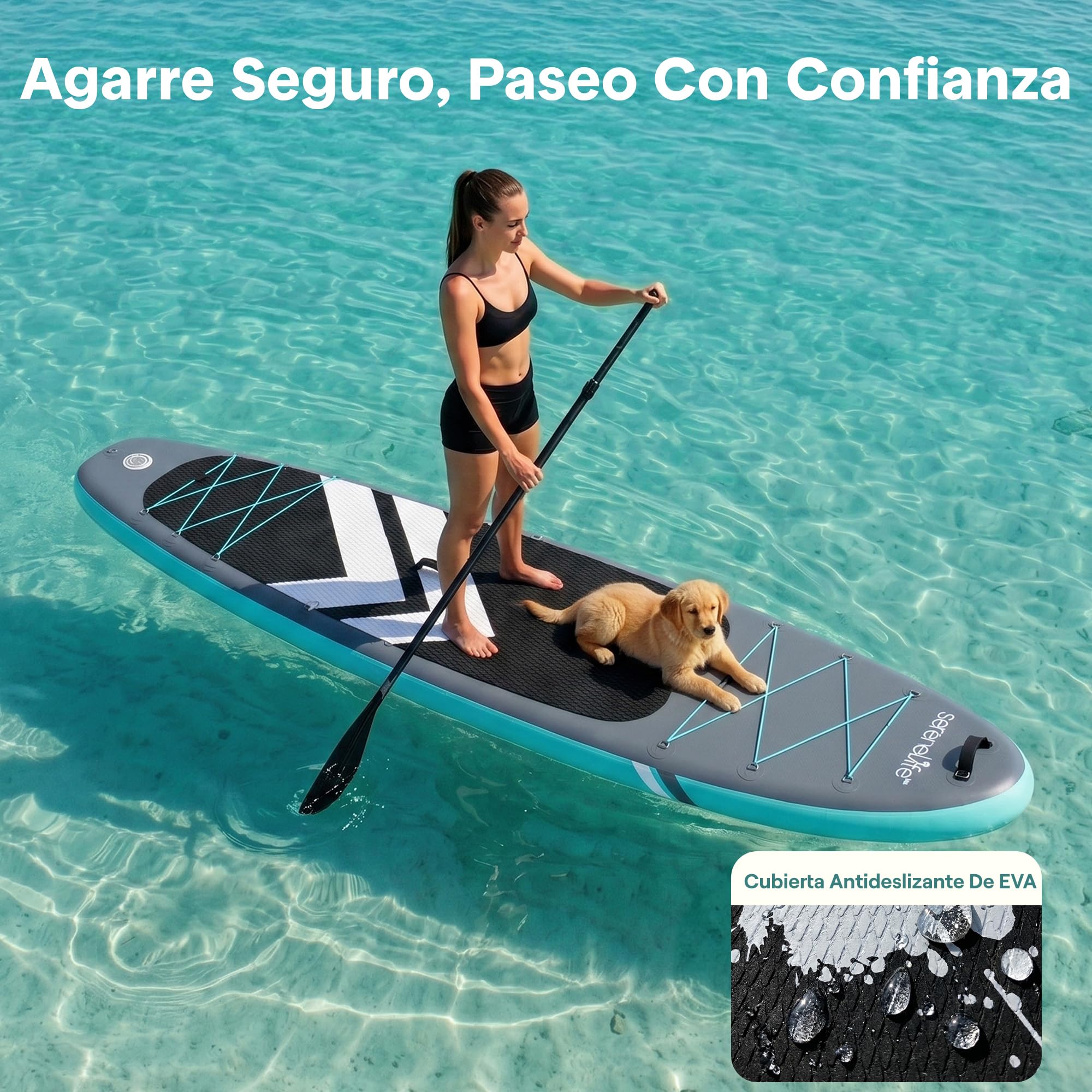 SereneLife Tabla Paddle Surf Hinchable, Ultra Ligera, Diseño Extra Ancho y Estable, con Almohadilla de Cubierta EVA Antideslizante, para Jóvenes y Adultos, Capacidad de 158.7kgs
