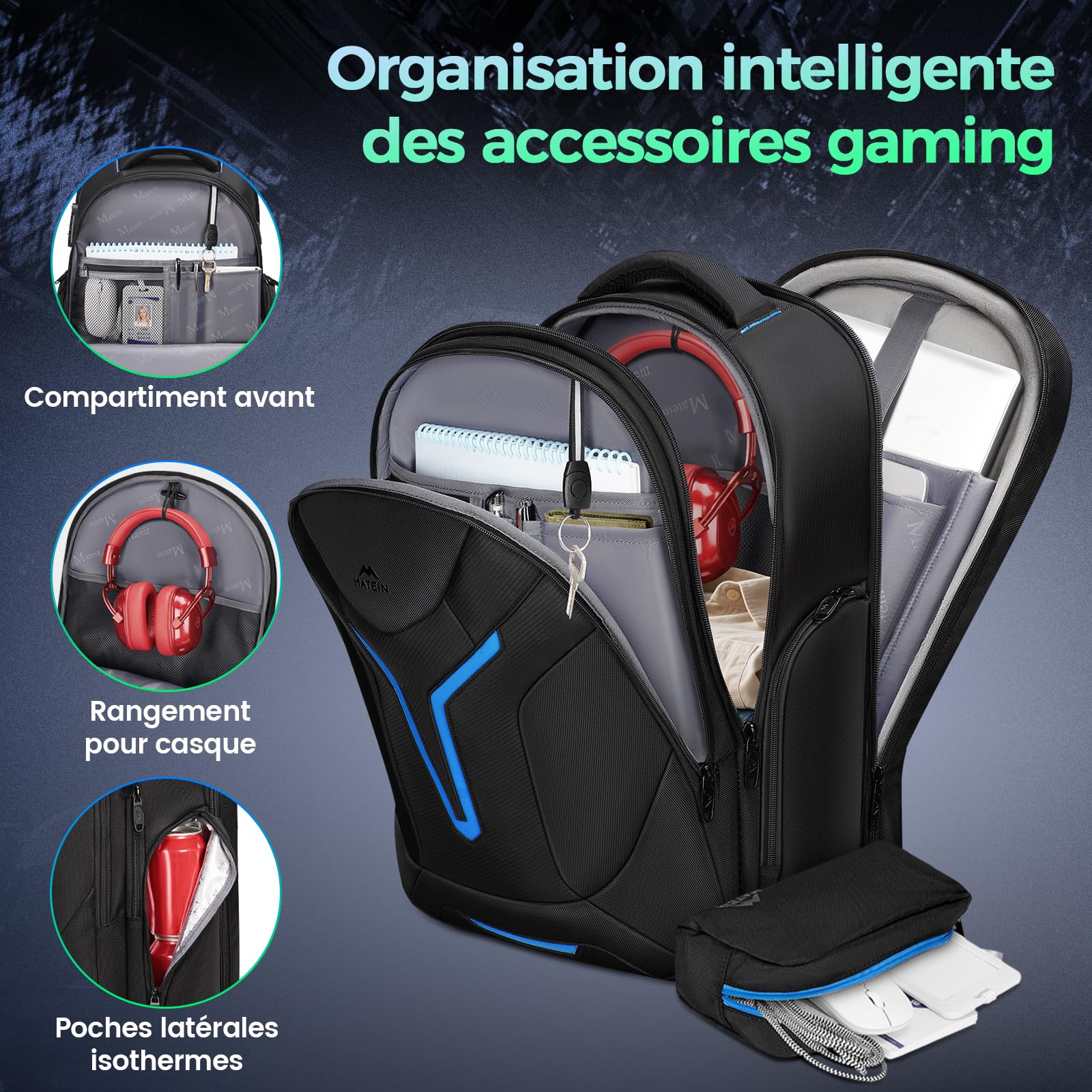 MATEIN Sac à Dos Ordinateur 18 Pouces, Sac a Dos PC Portable Gaming, Noir | Grand Sac à Dos Gaming pour Homme avec Housse de Pluie, Compartiment Isotherme, Serrure à combinaison, Idée Cadeau pour Gamer