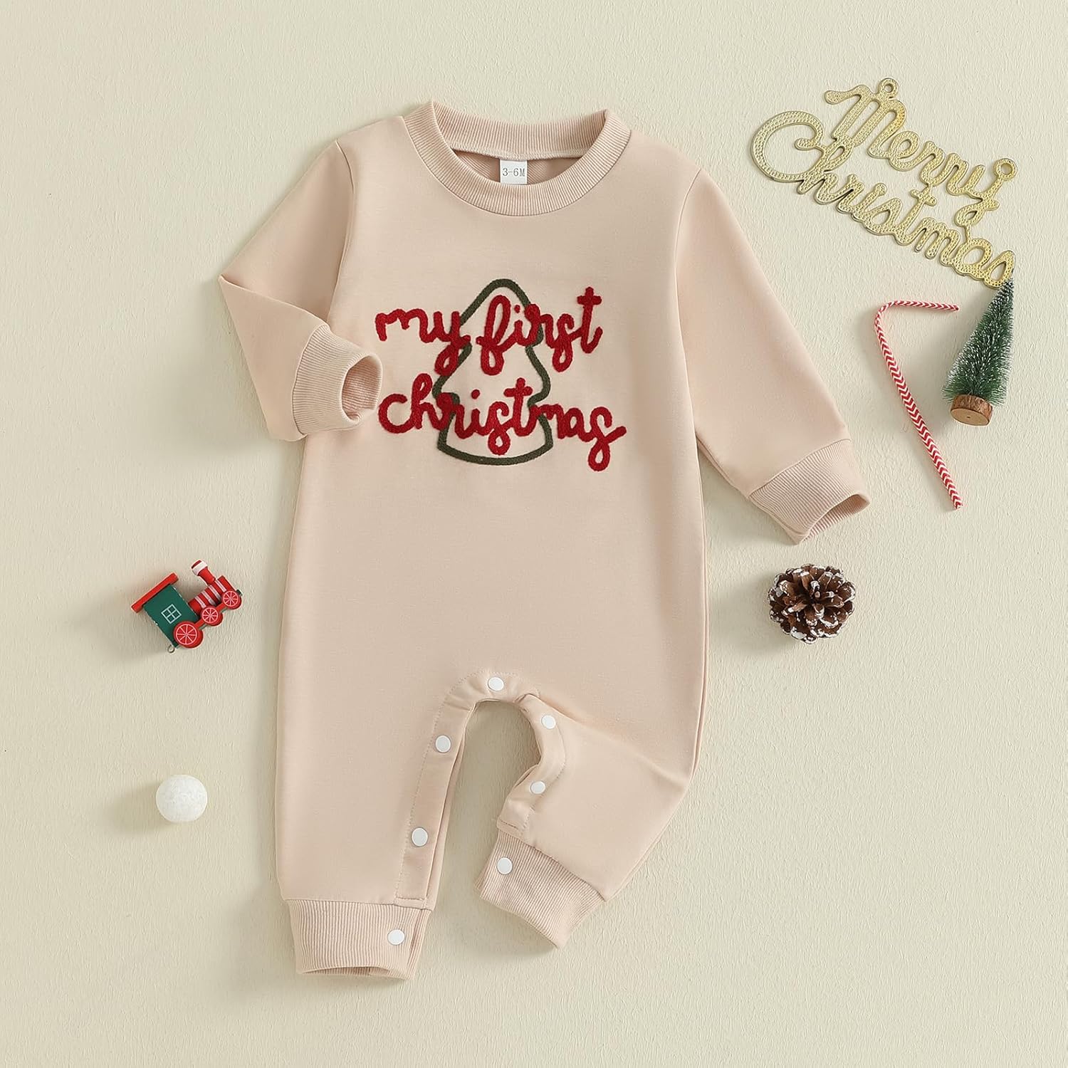 First Christmas Baby Boy Outfit Embroidered Christmas Tree Onesie Newborn Infant Long Sleeve Romper Clothes - Image 3