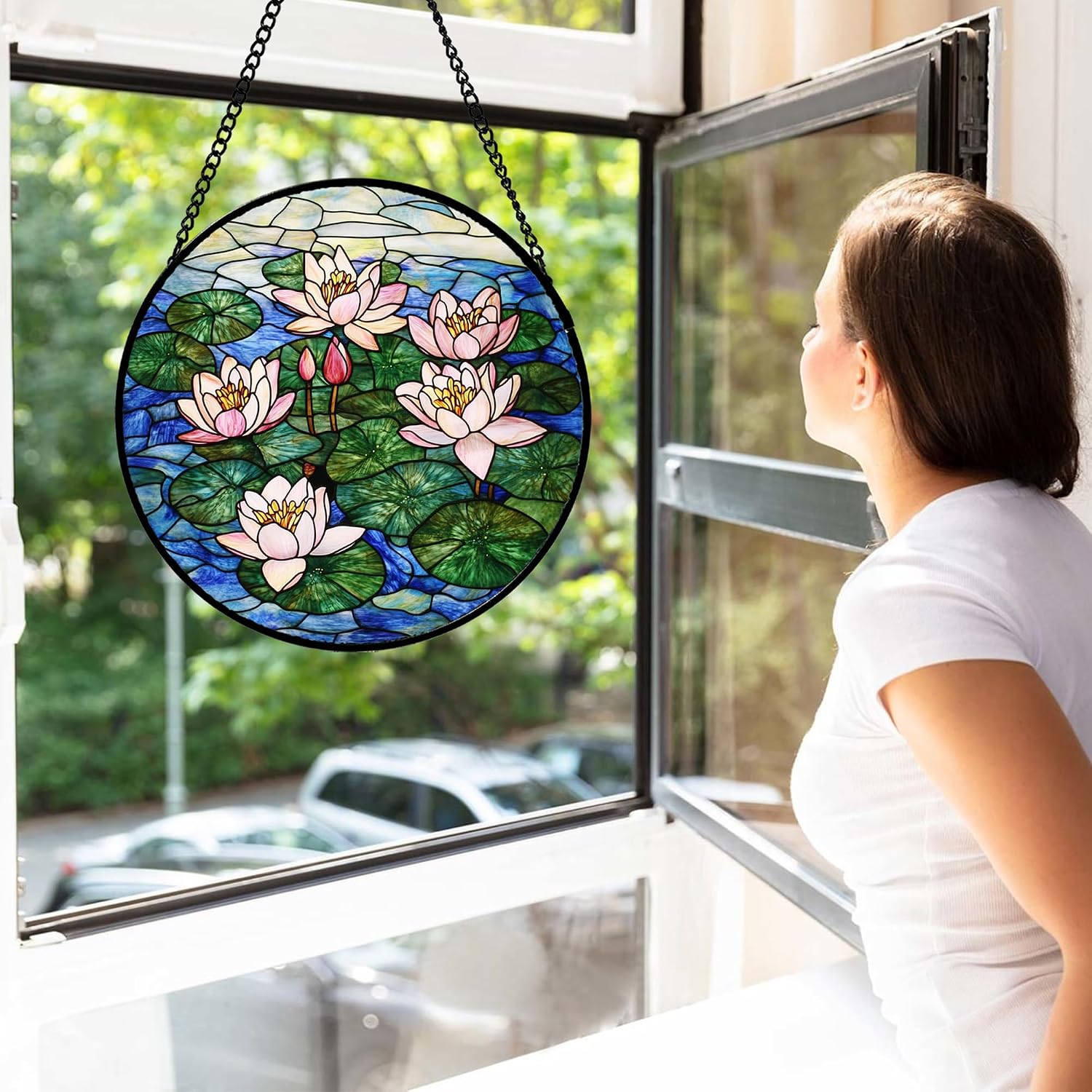 Stained Glass Window Hanging - Pink Water Lily Pond Suncatcher for Door Yard Flower Sun Catchers Decor Christmas Mother's Day Birthday Gifts for Lovers Women Mom Nana Friend 11.8 in