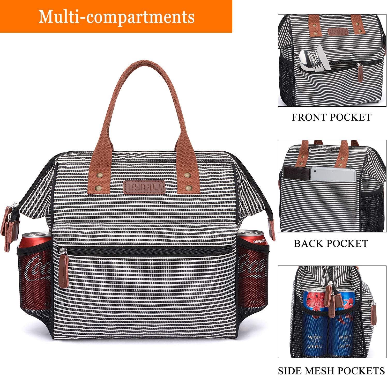 Insulated Lunch Bag, Wide-Open Lunch Box for Work/Picnic/Hiking/Beach/Fishing, Water-Resistant Leakproof Lunch Tote Bag for Women and Men (Black &White Stripe)