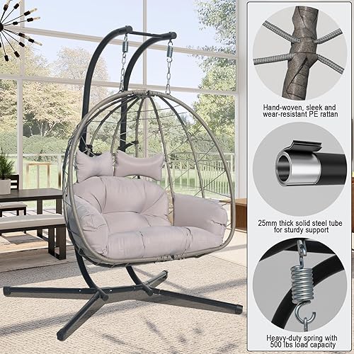 Miniatura 3 de Hamaca doble con forma de huevo, silla de huevo para 2 personas, columpio al aire libre con soporte, silla colgante de mimbre ampliada y ampliada,