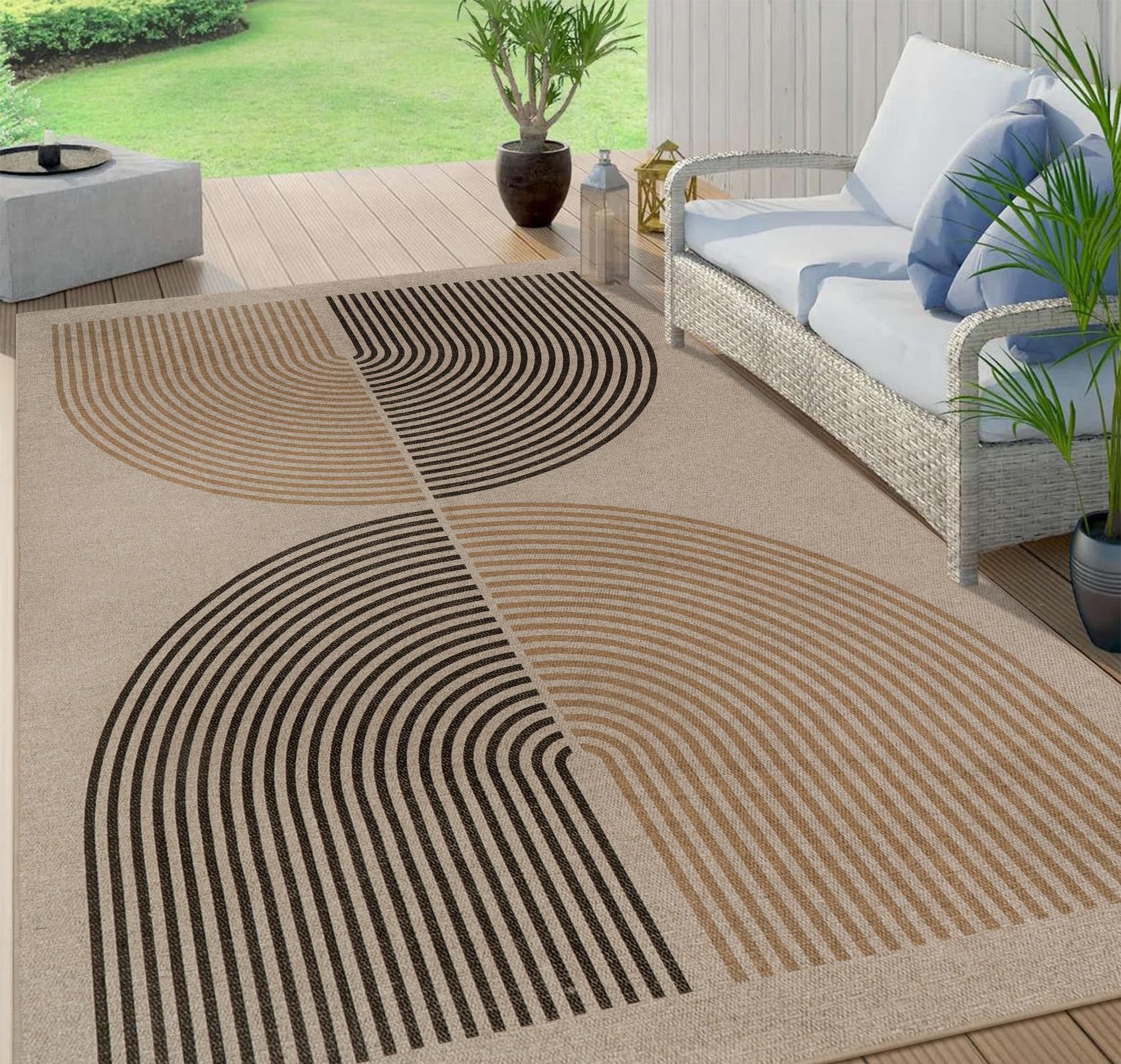 Lahome Modern Rainbow Easy Jute Rug, 6x9 Rug for Living Room Washable Indoor Outdoor Patio Rug, Farmhouse Rug for Bedroom Non Slip Contemporary Carpet for Backyard Deck Office Decor