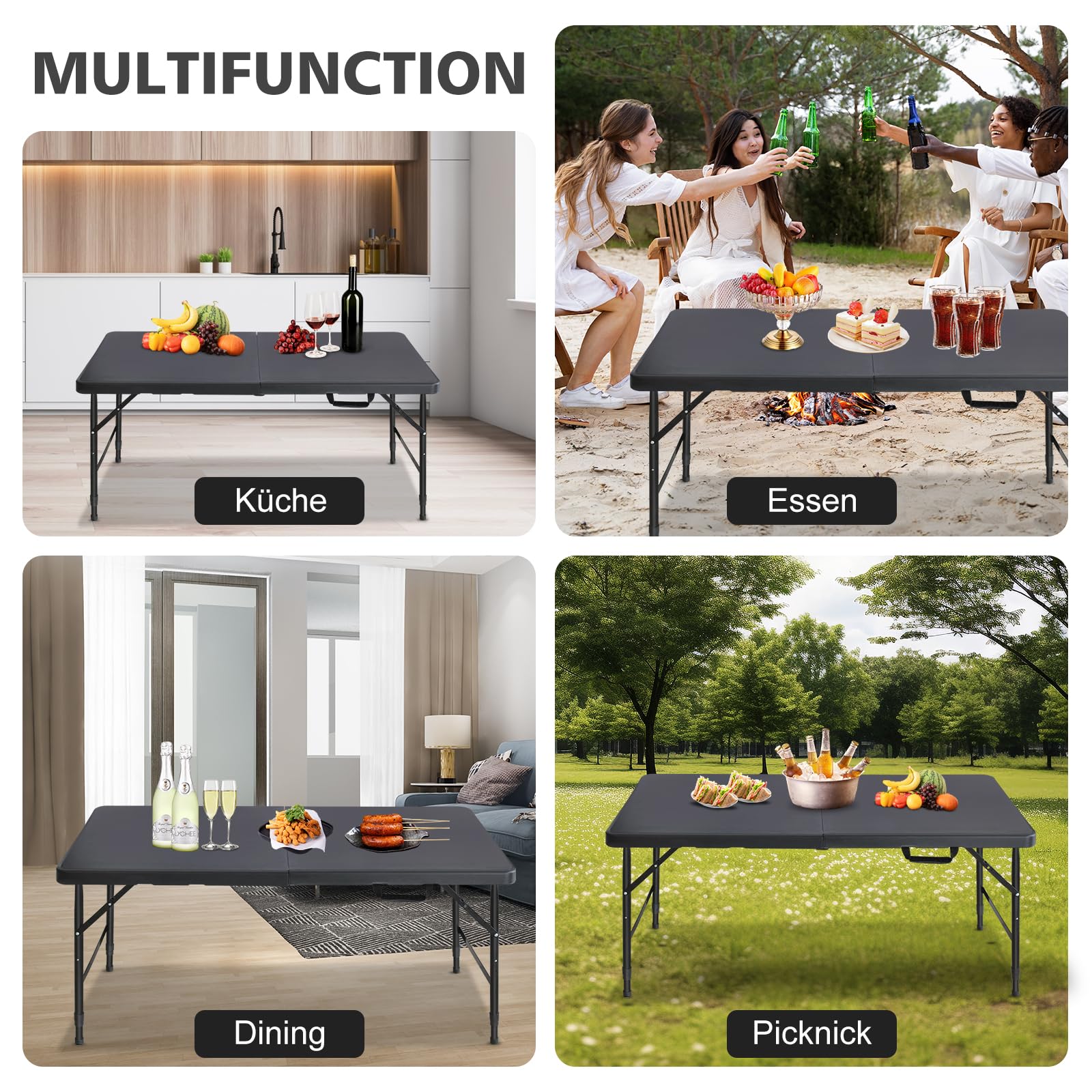 Table pliante 125 x 61 cm en plastique - Table de jardin pliante multifonction avec poignée pour barbecue, camping, fête - Noir