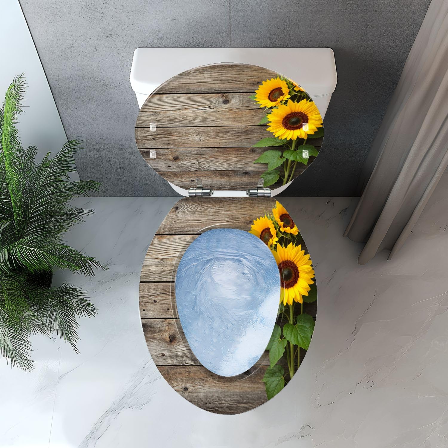 Copriwater Allungato Decorativo A Forma Di Girasole, In Resina Effetto Legno, con Chiusura Ammortizzata, Cerniere A Sgancio Rapido, Facile Da Pulire E Installare.