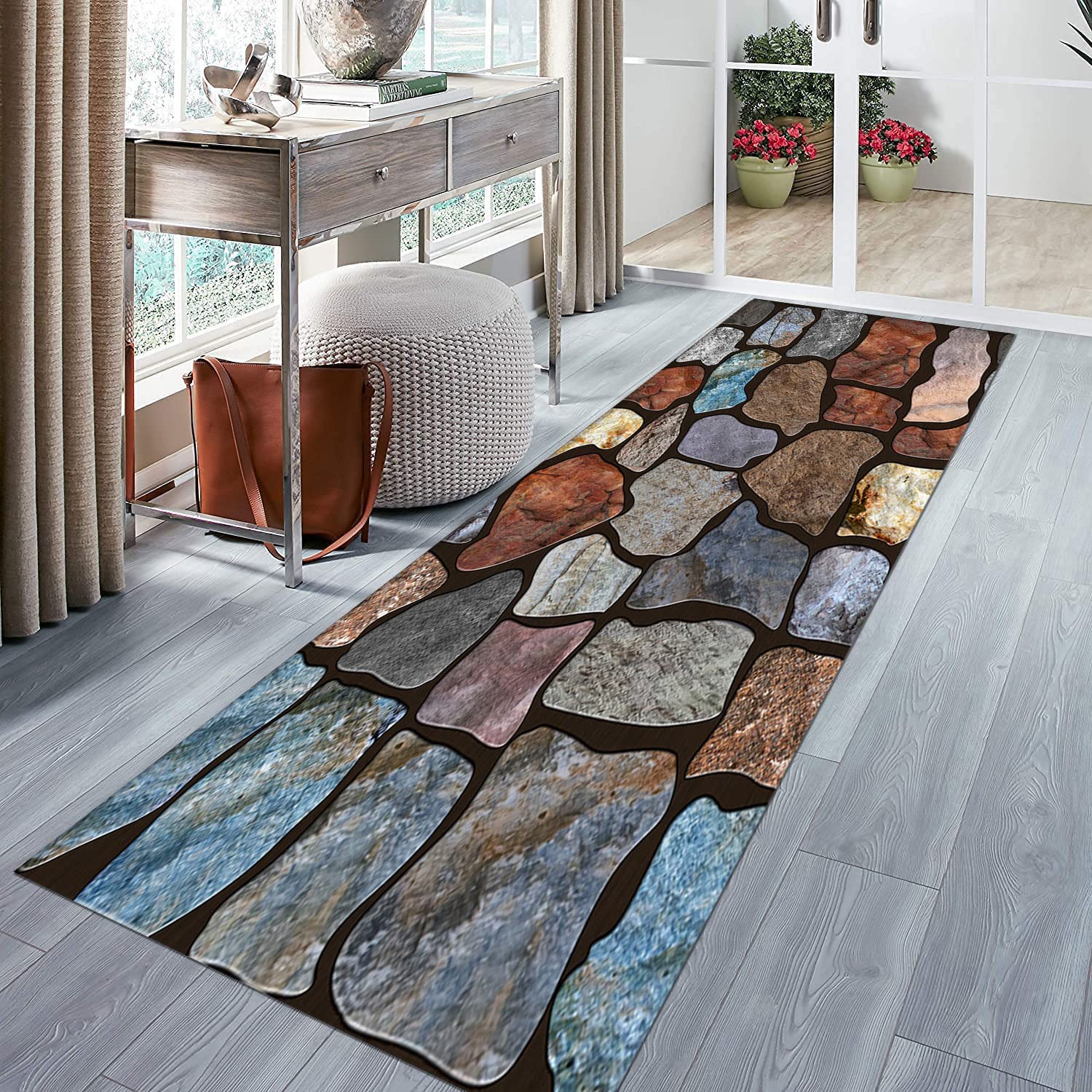 Läufer für Flur, rutschfest, waschbar, modern, Vintage, 3D, bunt, Stein-Patchwork-Teppich für Eingangsbereich, Küche, Büro oder Hotel-Lobby