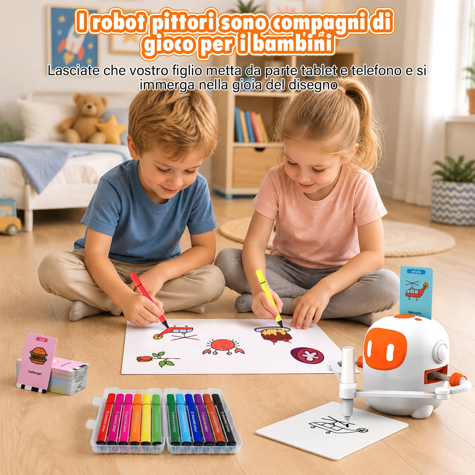 Robot da Disegno per Bambini con 100 Schede e 12 Pennarelli, Giocattolo Robot con Interazione Vocale, Migliora Concentrazione e Pazienza, Bambini Sopra i 3 Anni, Bianco