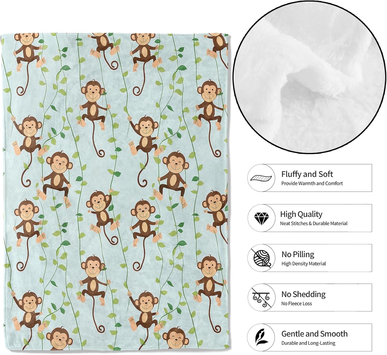Cute Monkey Throw Blanket,50x60in,Soft,Lightweight Flannel,Vine Tree and Jungle Fun Blankets - Gifts for Kids Adult & Animal Lovers,for Couch Office Travel,Home Living Room Decor