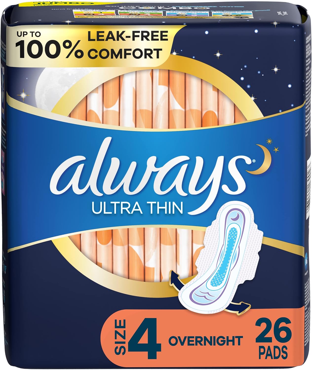 Always Ultra Thin Pads for Women, Size 4 Overnight Absorbency, Unscented with Wings, 26 Count
