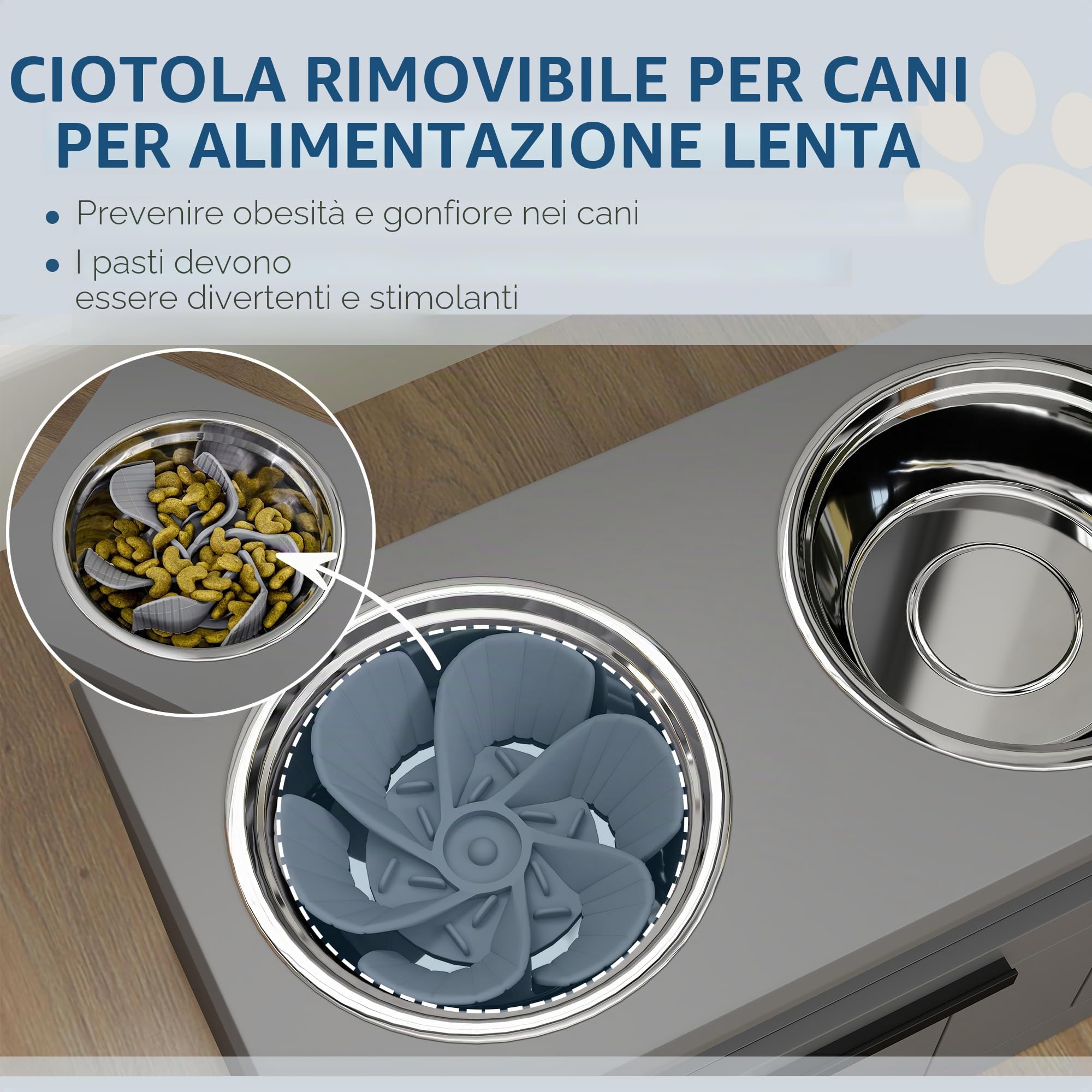 PawHut ciotole per cani, stazione di alimentazione rialzata con 2 ciotole in acciaio inox, tappetino antistrisciamento, supporto per ciotola per cani con spazio di archiviazione di 25L, ciotola per