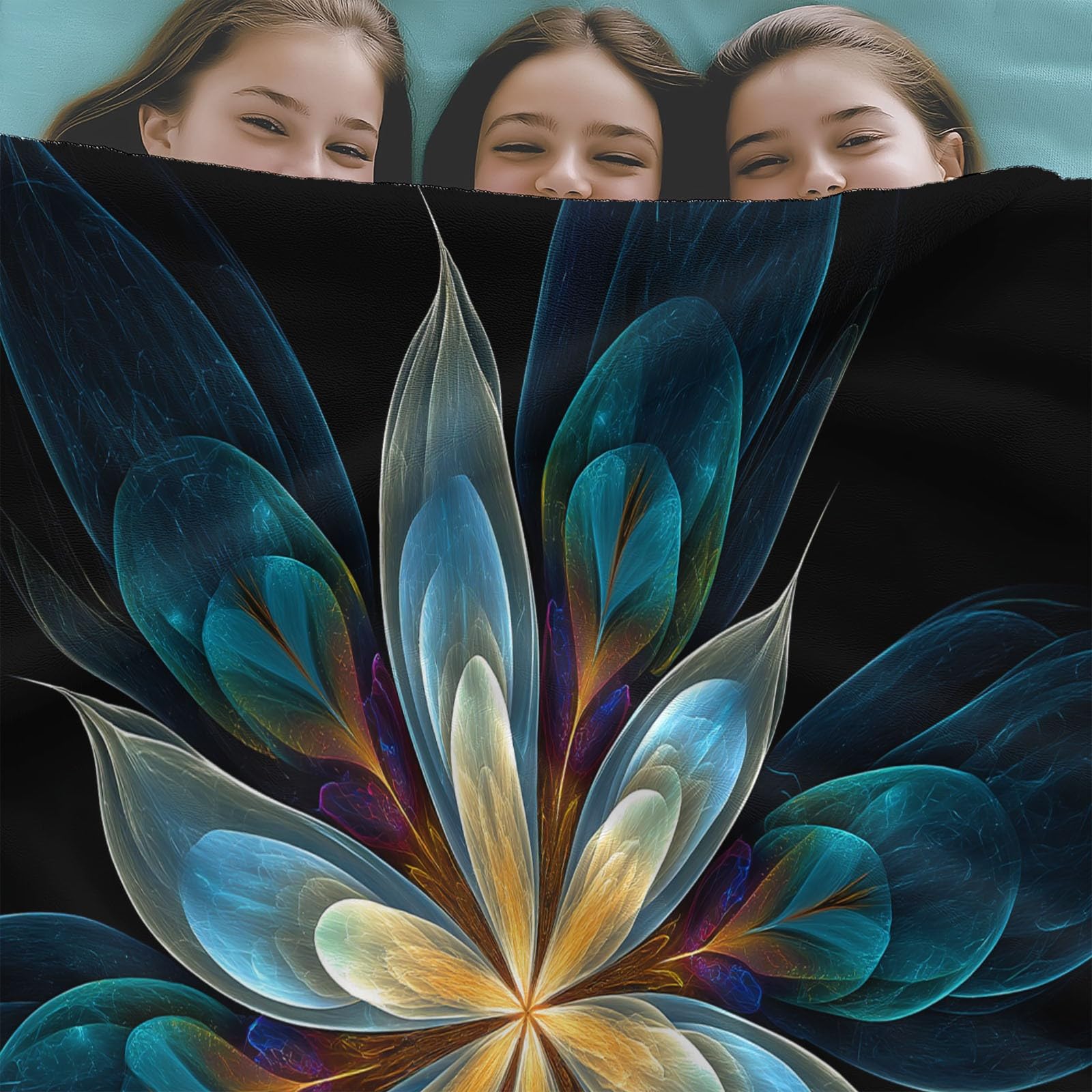 Koc flanelowy 220 x 240 cm Puszysty abstrakcyjny kwiatowy koc z mikrofibry, na sofę i łóżko, miękki i ciepły koc flanelowy, czarny